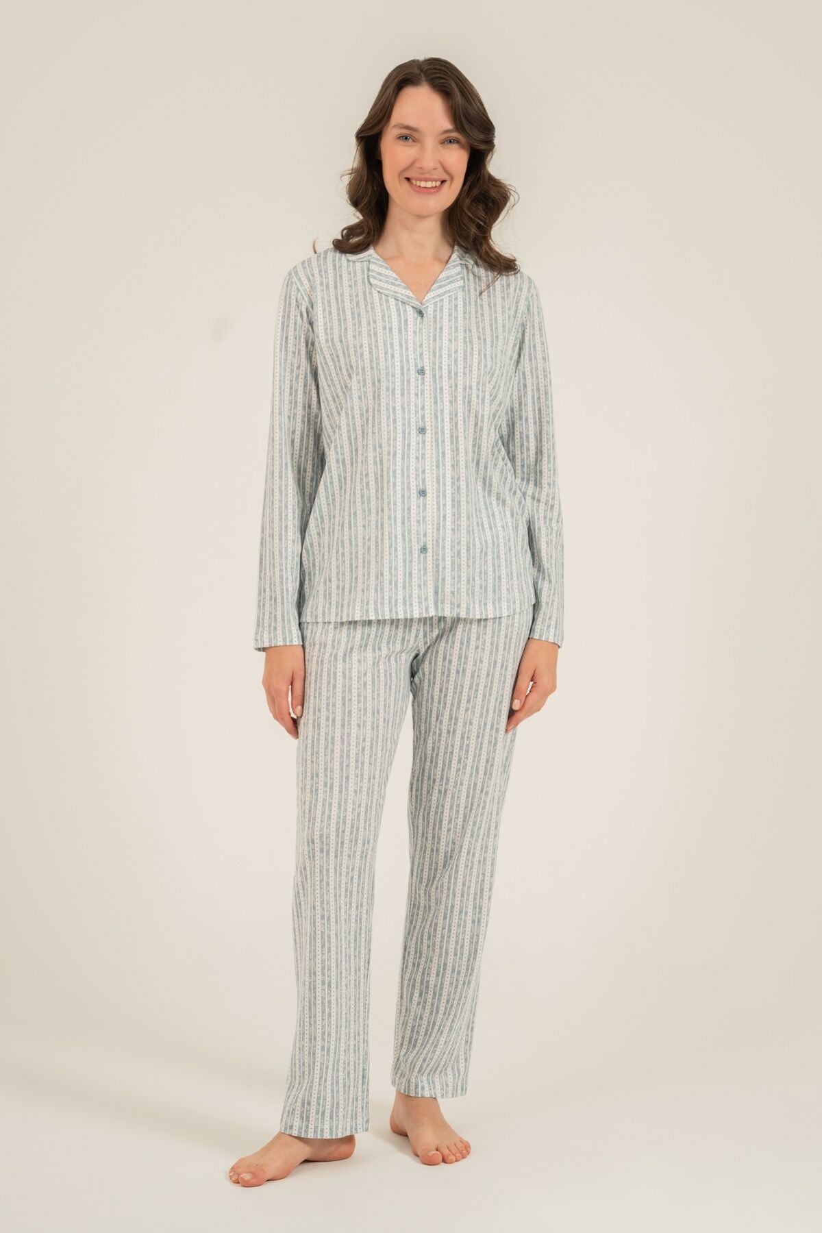 Arnetta Kadın Yeşil Çizgili Gömlek Pijama Takımı AR3780-S-V1