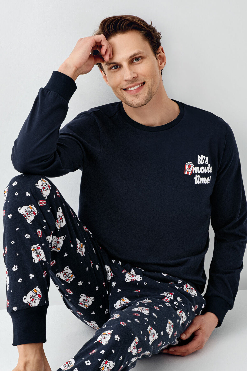 Rolypoly Erkek Bisiklet Yaka Pigment Baskılı Kışlık Regular Fit Lacivert Pijama Takımı RP3676-S-V1