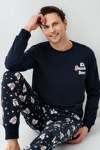 Rolypoly Erkek Bisiklet Yaka Pigment Baskılı Kışlık Regular Fit Lacivert Pijama Takımı RP3676-S-V1
