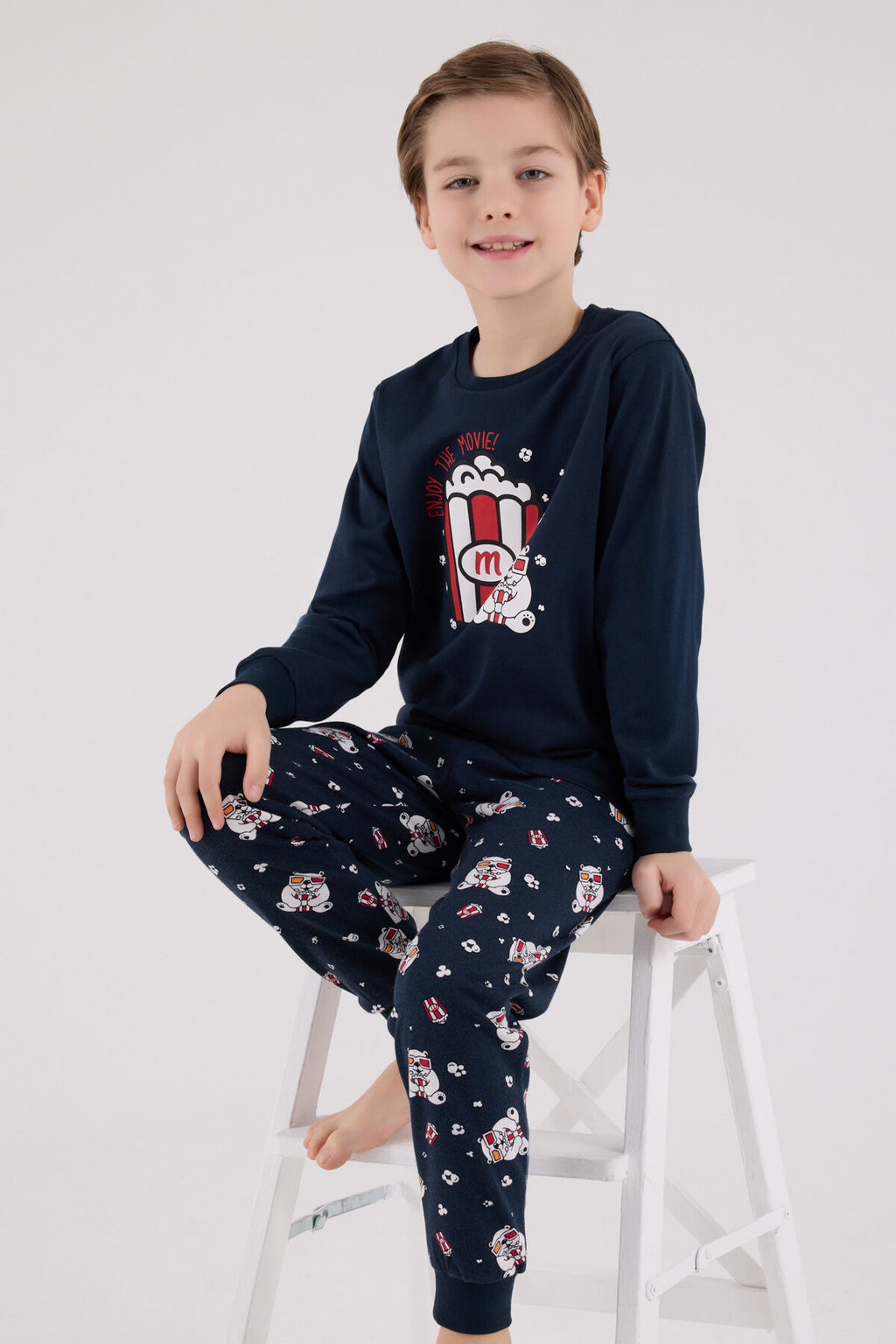 Rolypoly Erkek Çocuk Bisiklet Yaka Pigment Baskýlý Kýþlýk Regular Fit Lacivert Pijama Takýmý RP3676-C-V1
