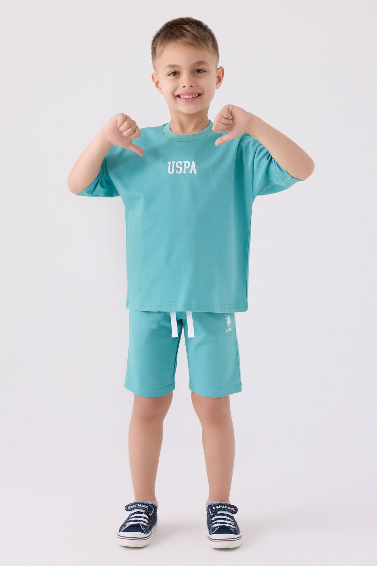 U.S. Polo Assn. Erkek Çocuk Bisiklet Yaka Pigment Baskılı Yazlık Regular Fit Mavi Bermuda Takım US1781-C-V9