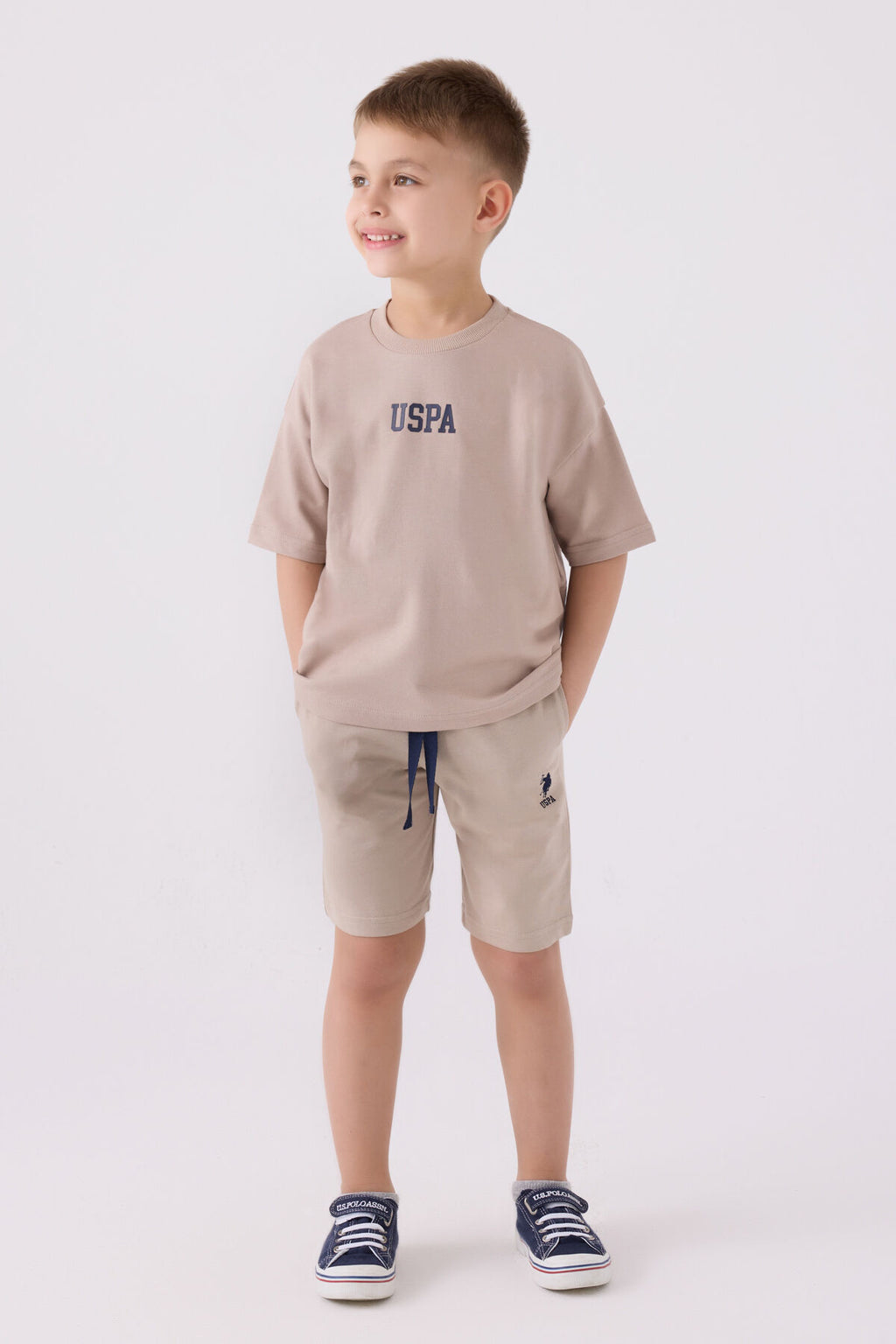 U.S. Polo Assn. Erkek Çocuk Bisiklet Yaka Pigment Baskılı Yazlık Regular Fit Krem Bermuda Takım US1781-C-V4
