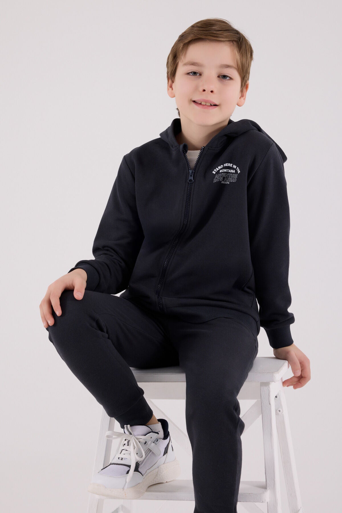 Rolypoly Erkek Çocuk Kapüşonlu Pigment Baskılı Kışlık Oversize Fit Gri Eşofman Takımı RP3685-C-V3