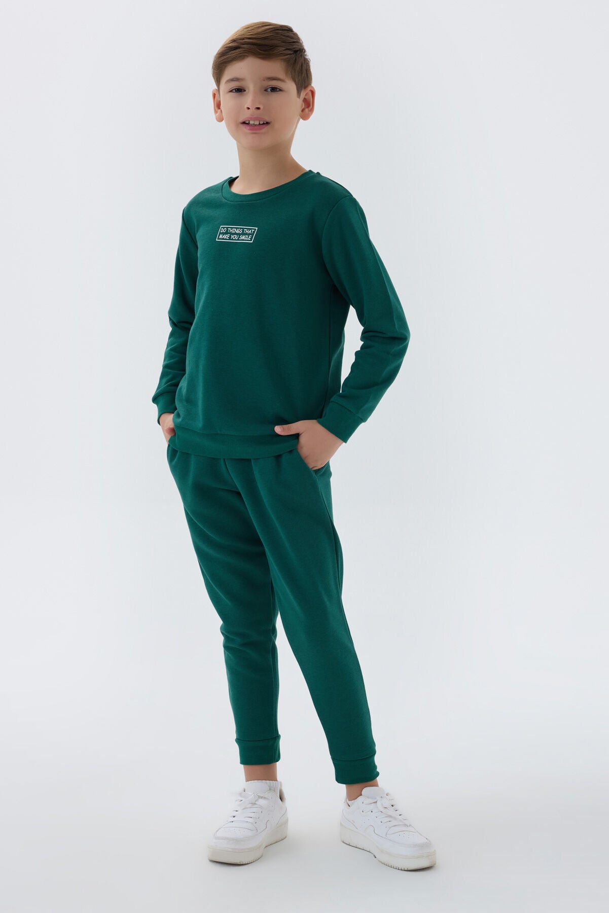 Rolypoly Erkek Çocuk Bisiklet Yaka Empirme Baskılı Kışlık Regular Fit Yeşil Eşofman Takımı RP3507-C-V1 Ürün ana görseli
