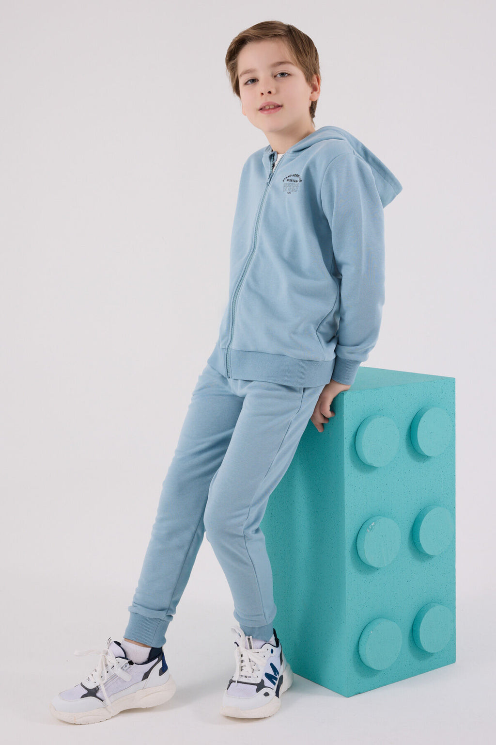 Rolypoly Erkek Çocuk Kapüşonlu Pigment Baskılı Kışlık Oversize Fit Yeşil Eşofman Takımı RP3685-C-V2