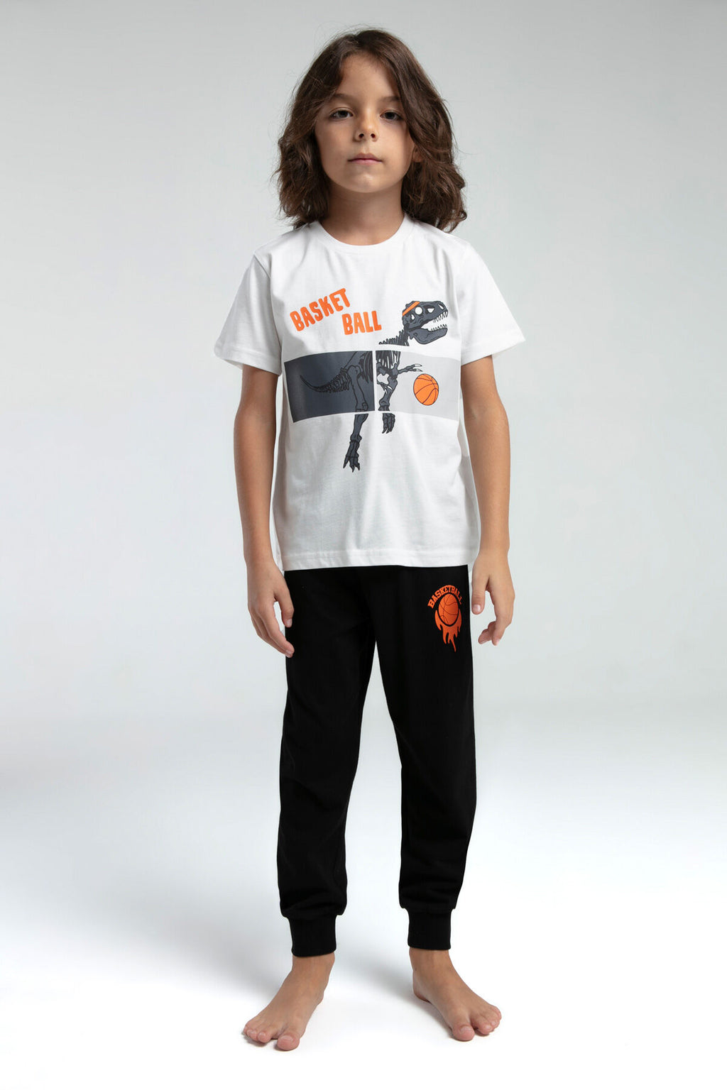 Rolypoly Erkek Çocuk Bisiklet Yaka Pigment Baskılı Yazlık Regular Fit Beyaz Pijama Takımı RP3535-C-V1