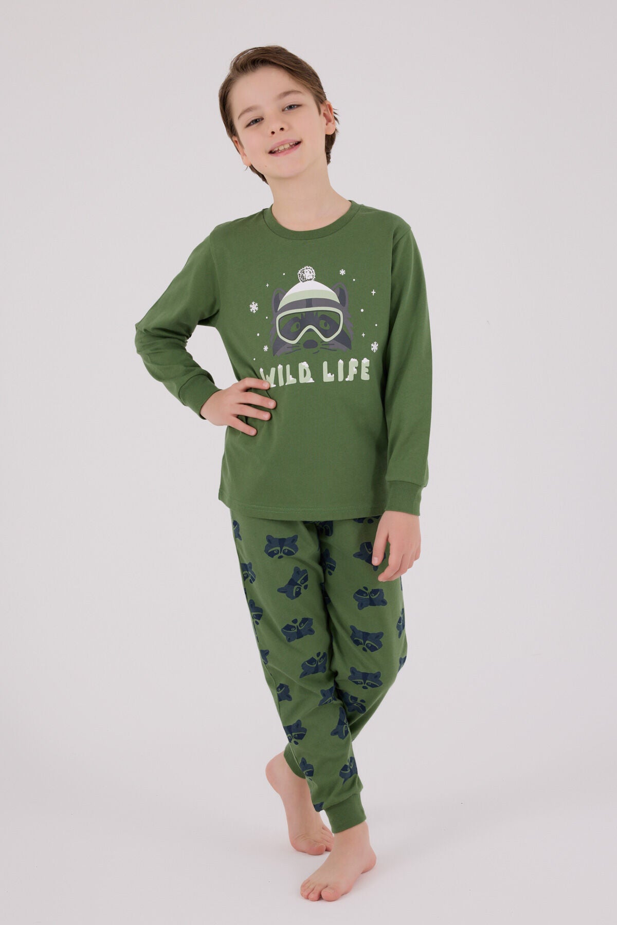 Rolypoly Erkek Çocuk Bisiklet Yaka Pigment Baskılı Kışlık Regular Fit Yeşil Pijama Takımı RP3669-C-V1