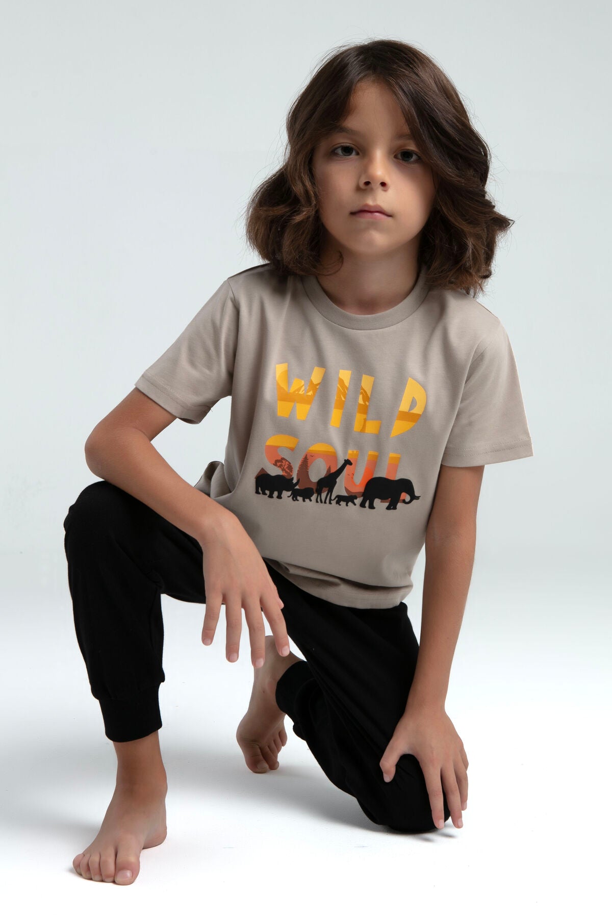 Rolypoly Erkek Çocuk Bisiklet Yaka Pigment Baskılı Yazlık Regular Fit Krem Pijama Takımı RP3556-C-V1 Ürün ana görseli