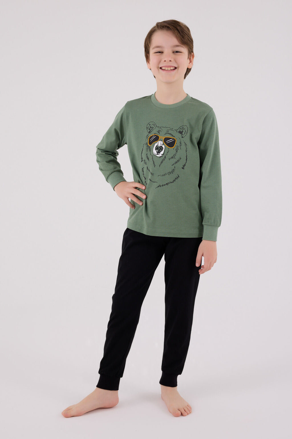 Rolypoly Erkek Çocuk Bisiklet Yaka Pigment Baskılı Kışlık Regular Fit Yeşil Pijama Takımı RP3659-C-V2