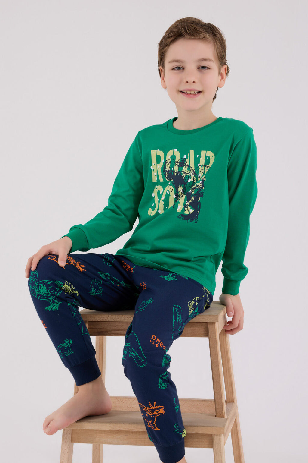 Rolypoly Erkek Çocuk Bisiklet Yaka Pigment Baskılı Kışlık Regular Fit Yeşil Pijama Takımı RP3672-C-V2