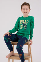 Rolypoly Erkek Çocuk Bisiklet Yaka Pigment Baskılı Kışlık Regular Fit Yeşil Pijama Takımı RP3672-C-V2