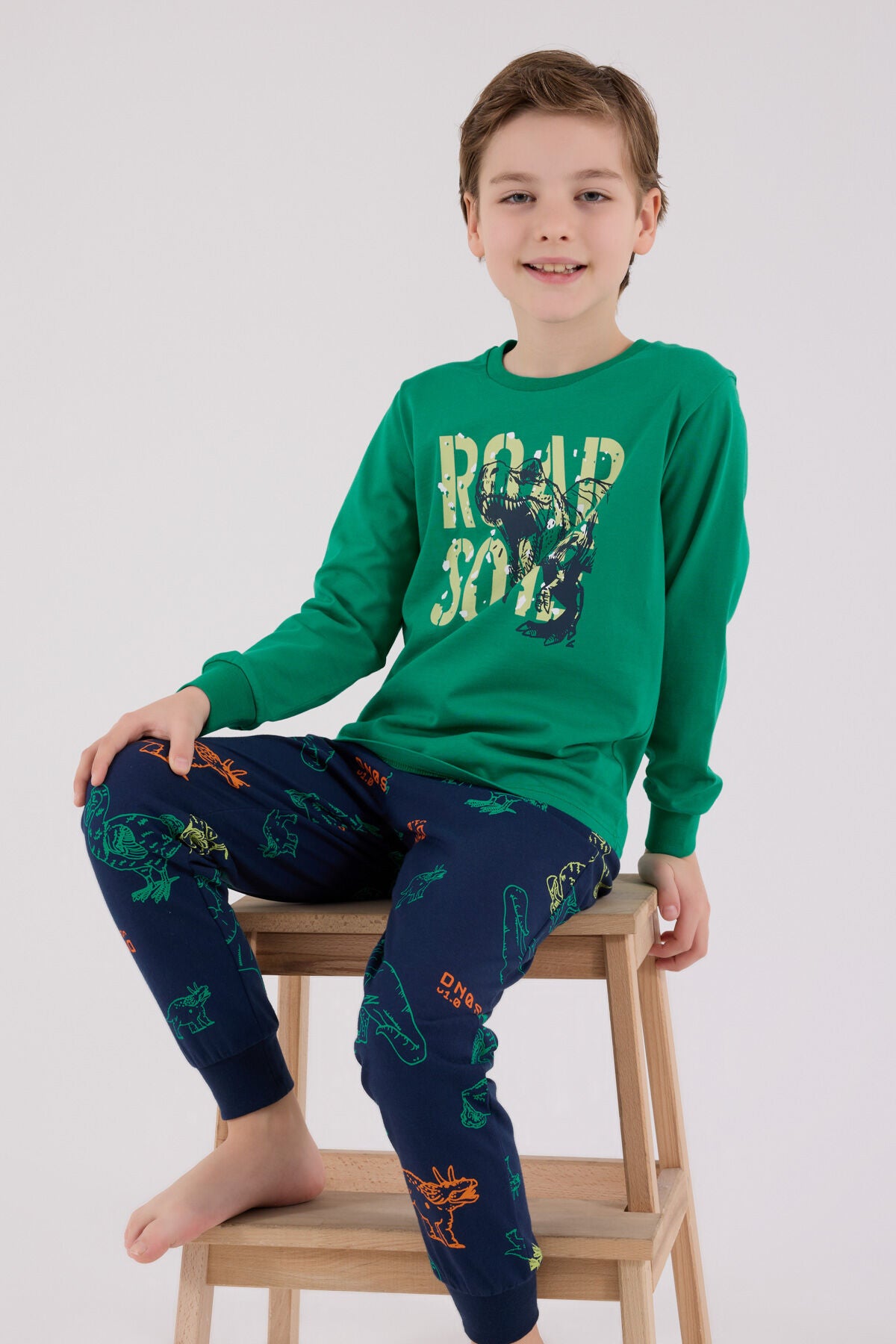 Rolypoly Erkek Çocuk Bisiklet Yaka Pigment Baskılı Kışlık Regular Fit Yeşil Pijama Takımı RP3672-C-V2