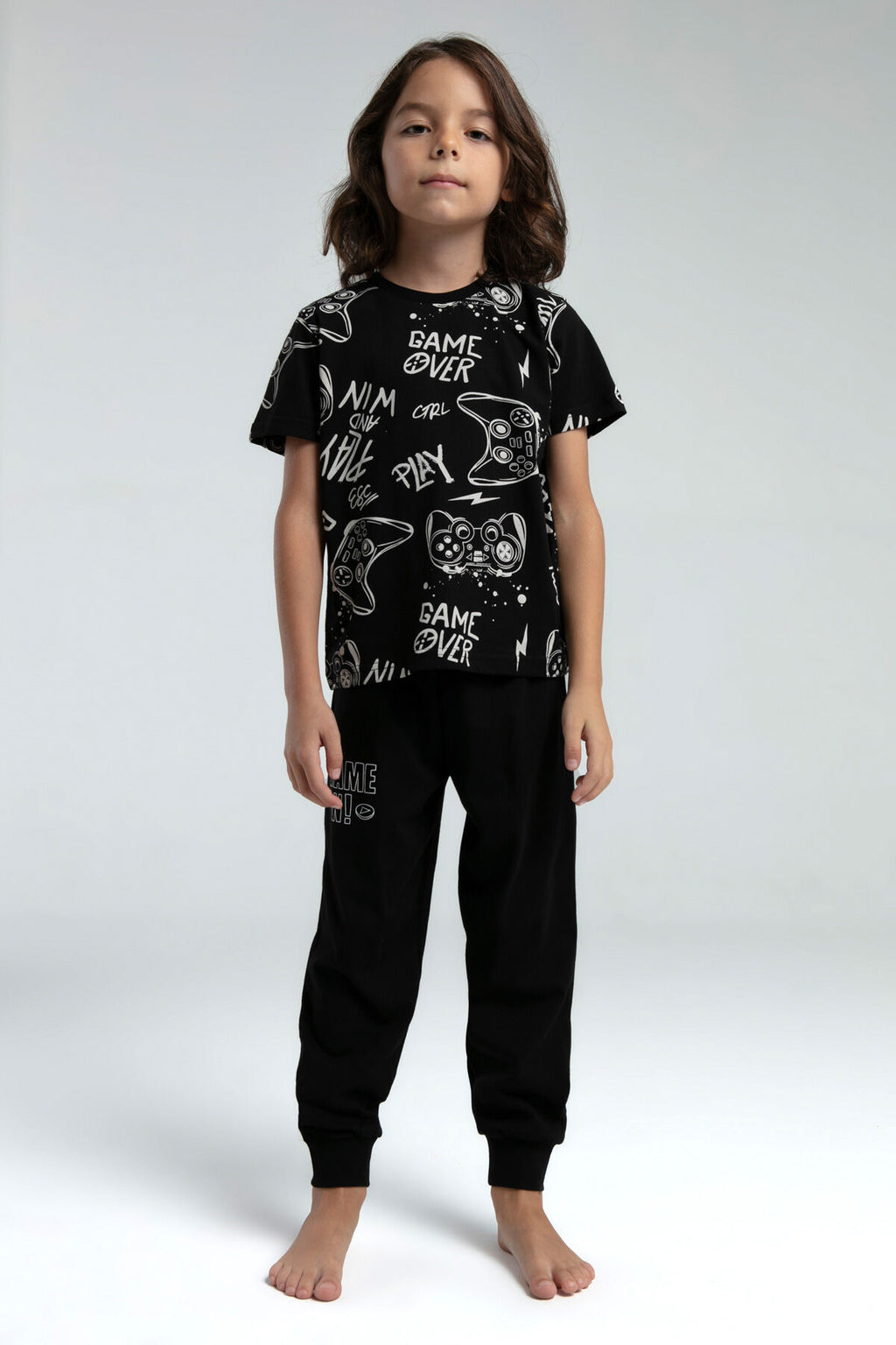 Rolypoly Erkek Çocuk Bisiklet Yaka Pigment Baskılı Yazlık Regular Fit Siyah Pijama Takımı RP3540-C-V2