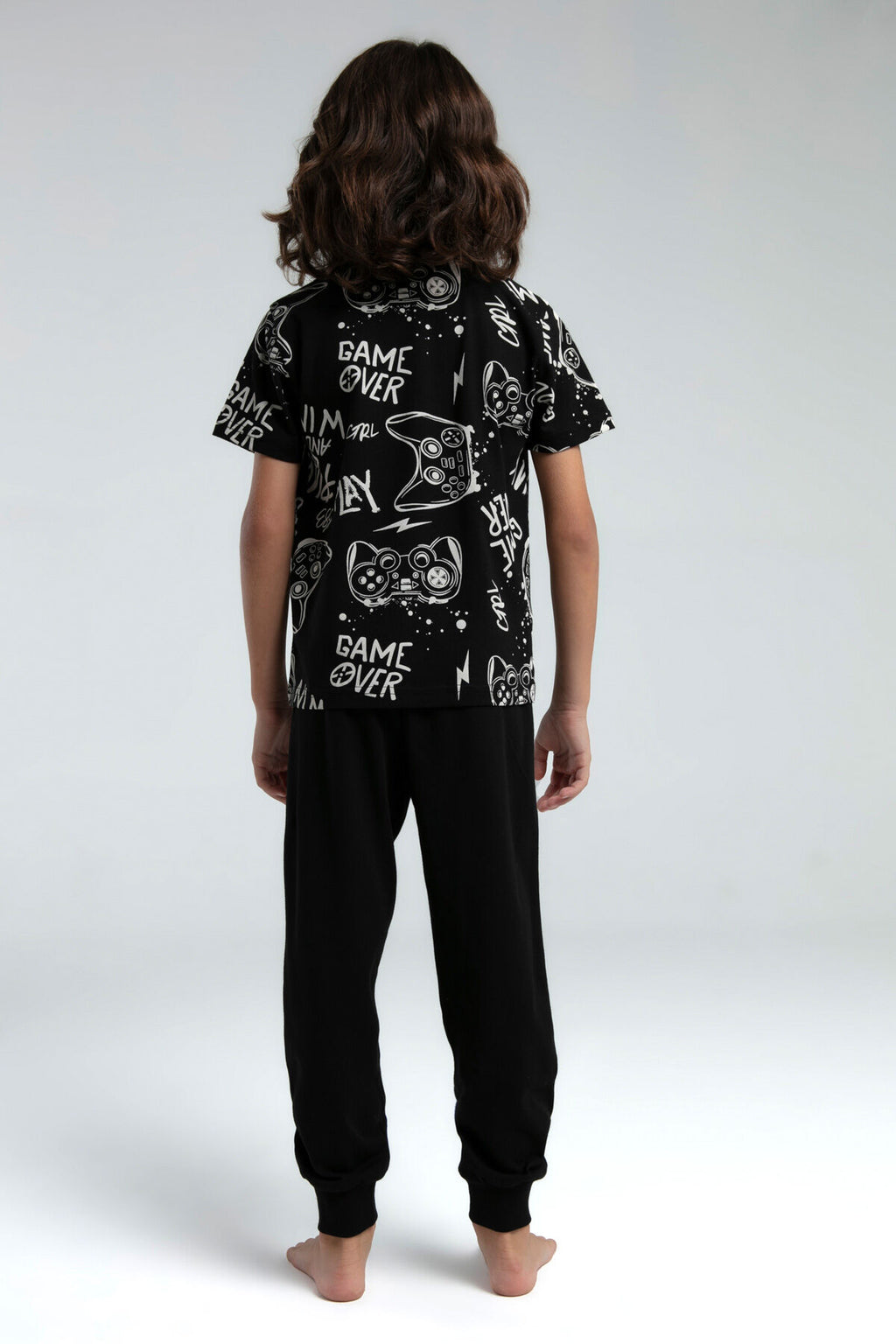 Rolypoly Erkek Çocuk Bisiklet Yaka Pigment Baskılı Yazlık Regular Fit Siyah Pijama Takımı RP3540-C-V2