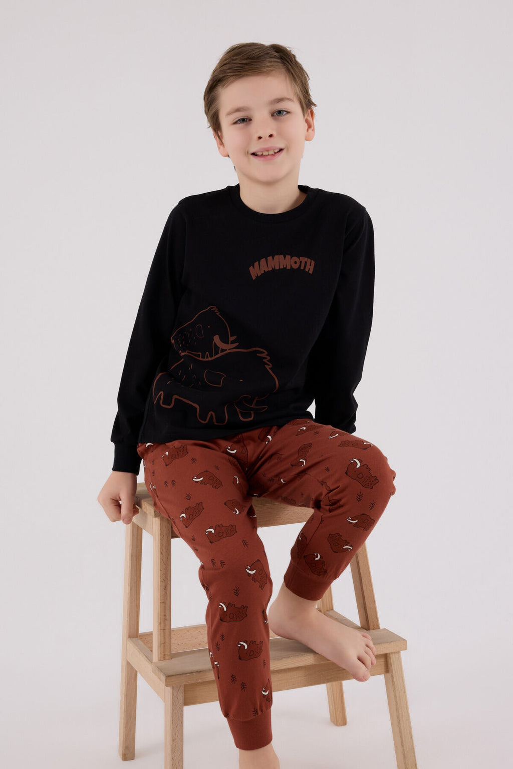 Rolypoly Erkek Çocuk Bisiklet Yaka Pigment Baskılı Kışlık Regular Fit Siyah Pijama Takımı RP3666-C-V1