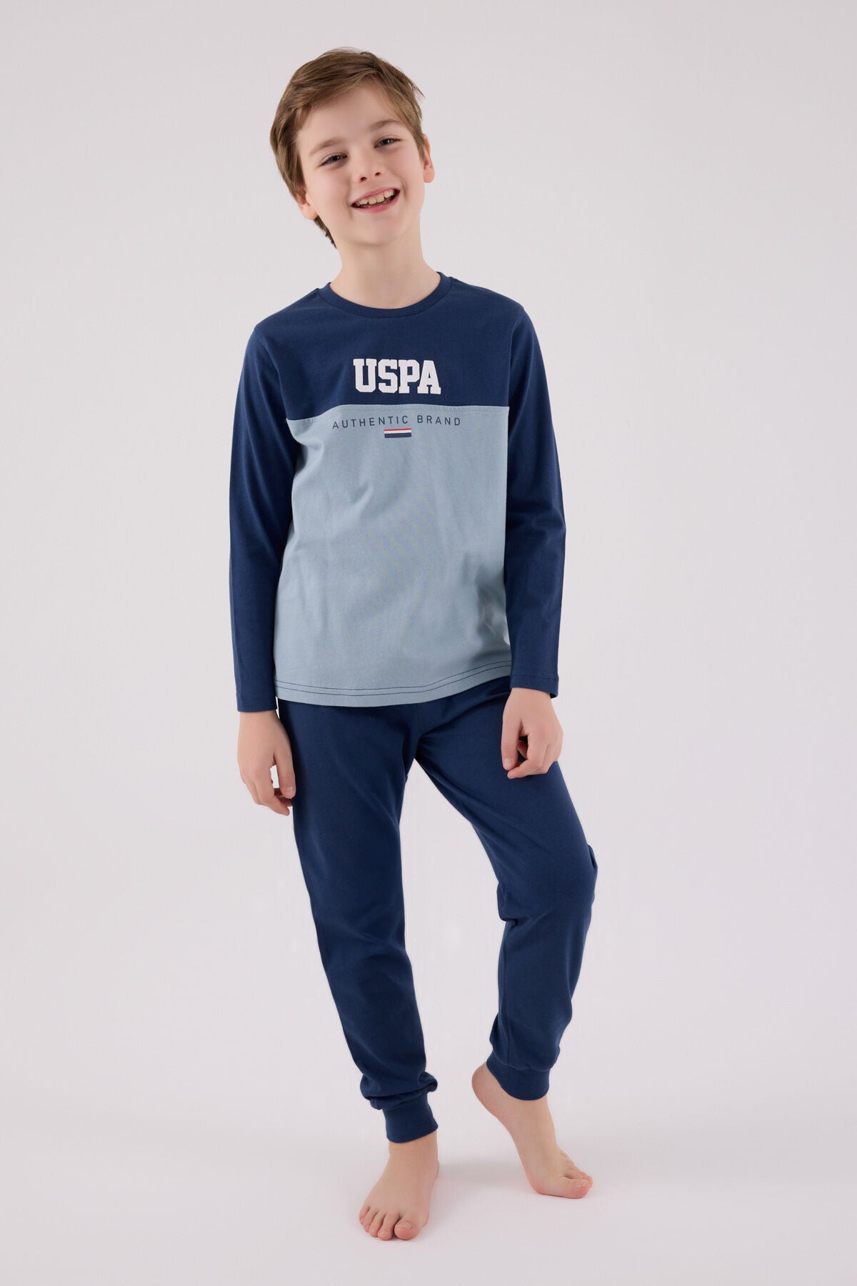 U.S. Polo Assn. Erkek Çocuk Bisiklet Yaka Pigment Baskılı Kışlık Regular Fit Mavi Pijama Takımı US2220-C-V2