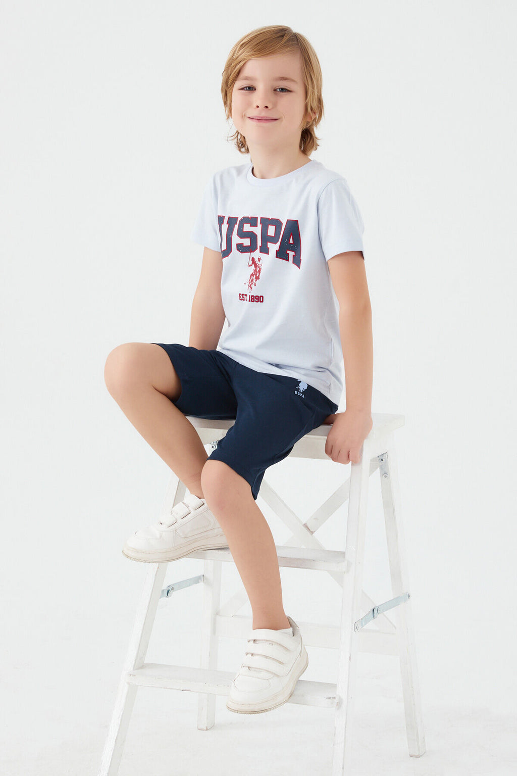 U.S. Polo Assn. Erkek Çocuk Bisiklet Yaka Pigment Baskılı Yazlık Regular Fit Mavi Bermuda Takım US1368-C-V1