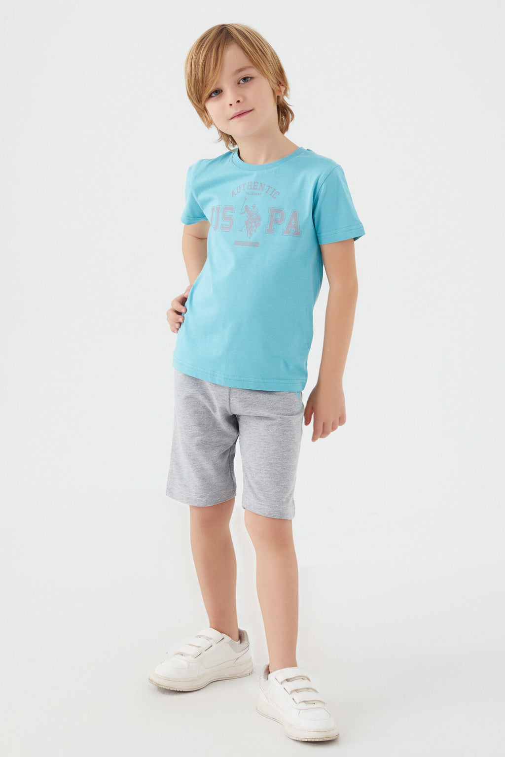 U.S. Polo Assn. Erkek Çocuk Bisiklet Yaka Pigment Baskılı Yazlık Regular Fit Mavi Bermuda Takım US1390-C-V1