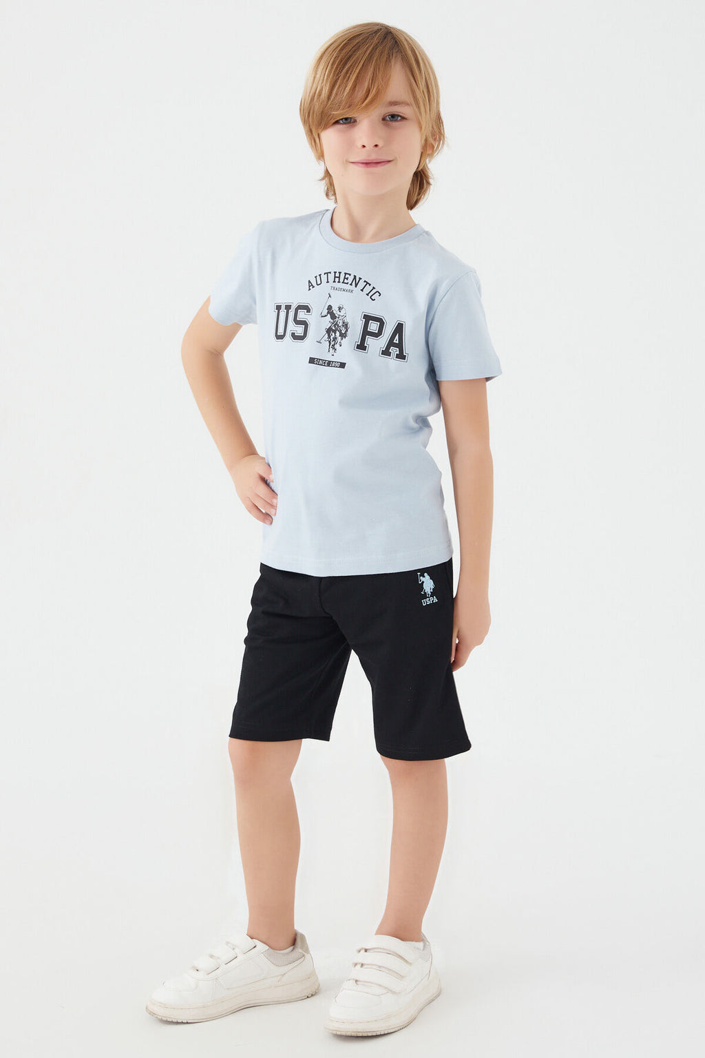 U.S. Polo Assn. Erkek Çocuk Bisiklet Yaka Pigment Baskılı Yazlık Regular Fit Gri Bermuda Takım US1390-C-V2