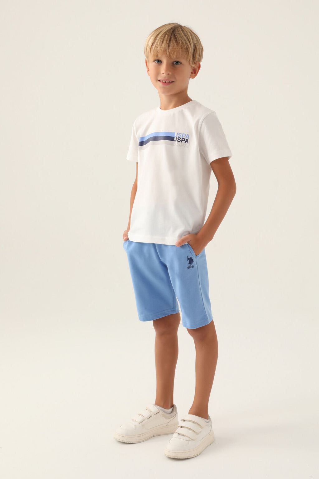 U.S. Polo Assn. Erkek Çocuk Bisiklet Yaka Pigment Baskılı Yazlık Regular Fit Krem Bermuda Takım US1764-C-V2