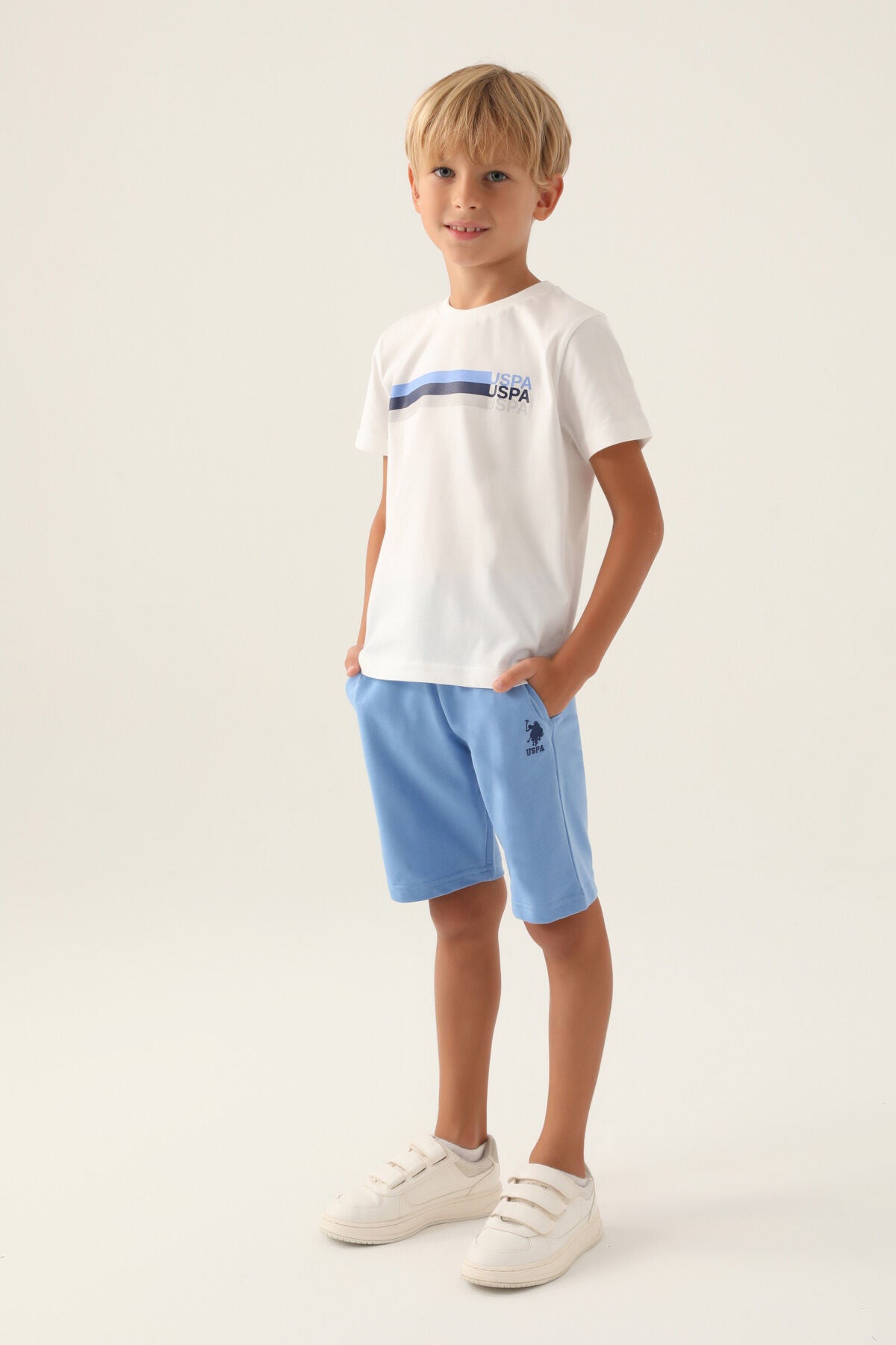 U.S. Polo Assn. Erkek Çocuk Bisiklet Yaka Pigment Baskılı Yazlık Regular Fit Krem Bermuda Takım US1764-C-V2