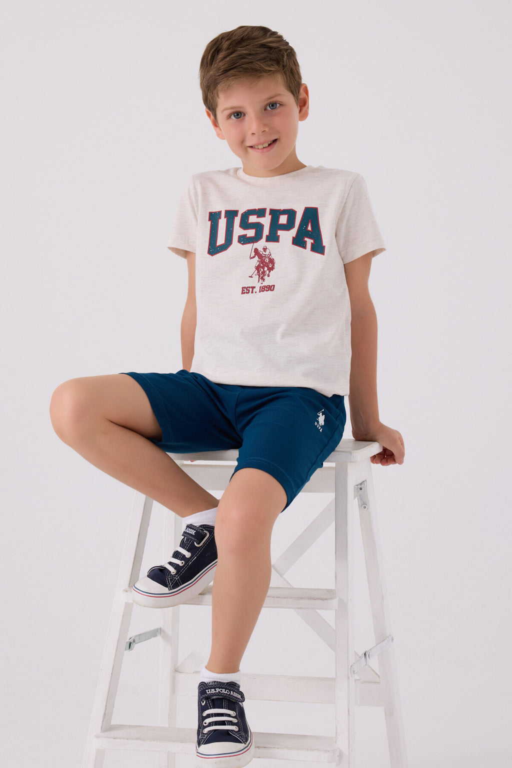 U.S. Polo Assn. Erkek Çocuk Bisiklet Yaka Pigment Baskılı Yazlık Regular Fit Krem Bermuda Takım US1368-C-V6