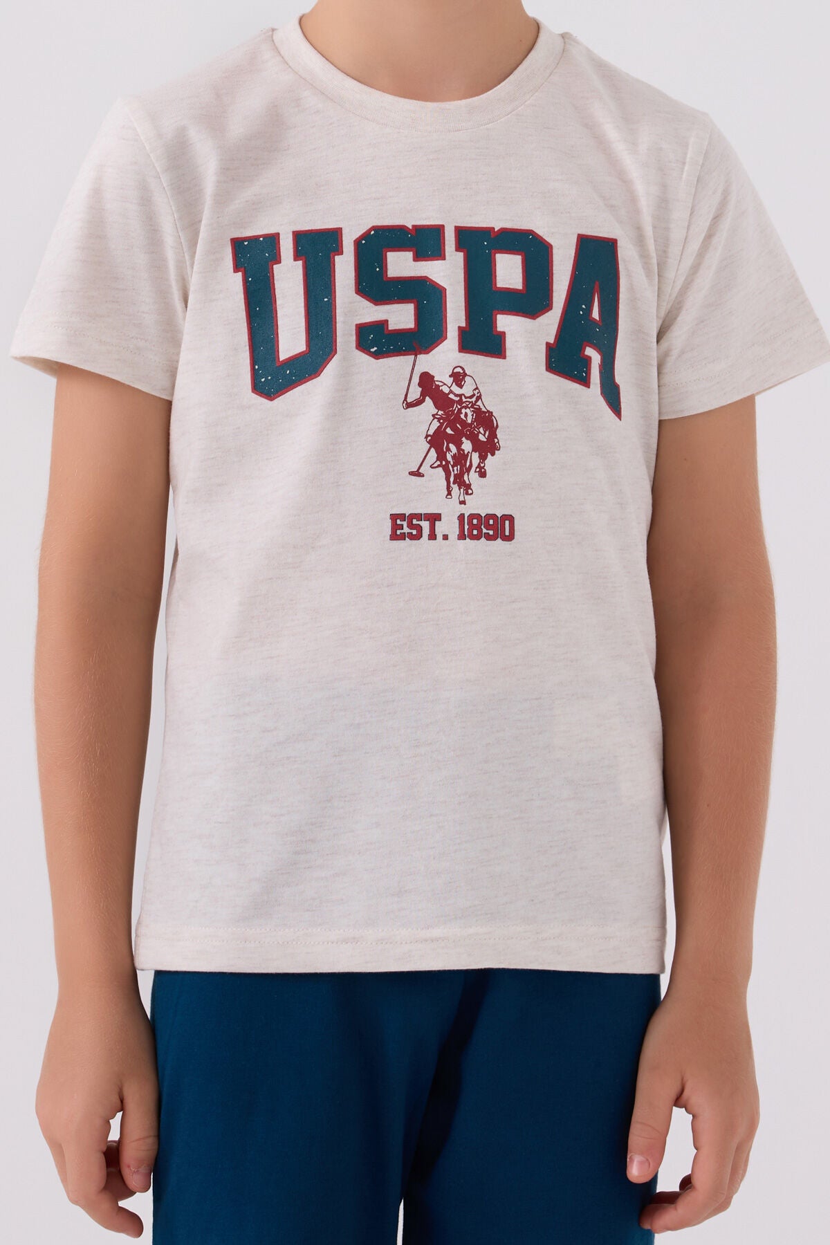 U.S. Polo Assn. Erkek Çocuk Bisiklet Yaka Pigment Baskılı Yazlık Regular Fit Krem Bermuda Takım US1368-C-V6