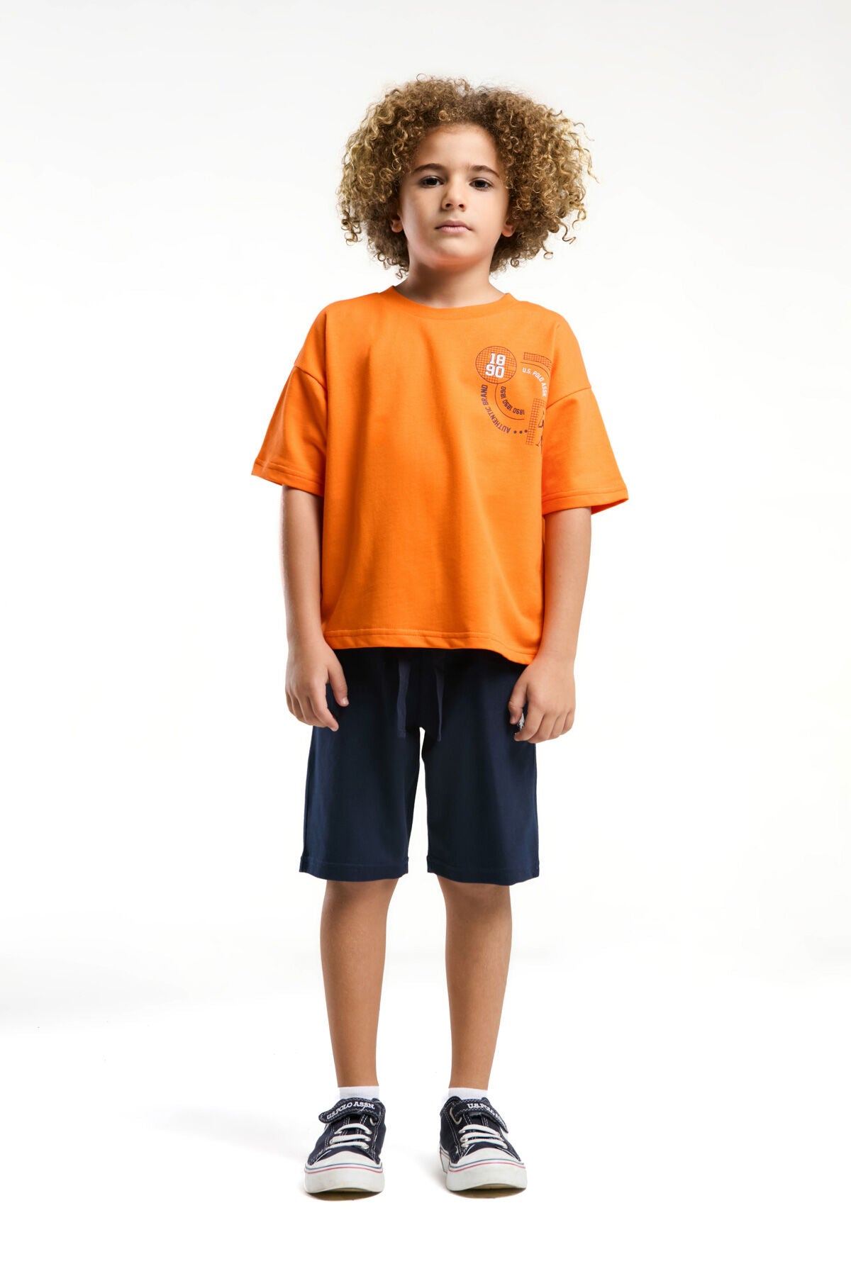 U.S. Polo Assn. Erkek Çocuk Bisiklet Yaka Pigment Baskılı Yazlık Regular Fit Turuncu Bermuda Takım US2053-C-V2