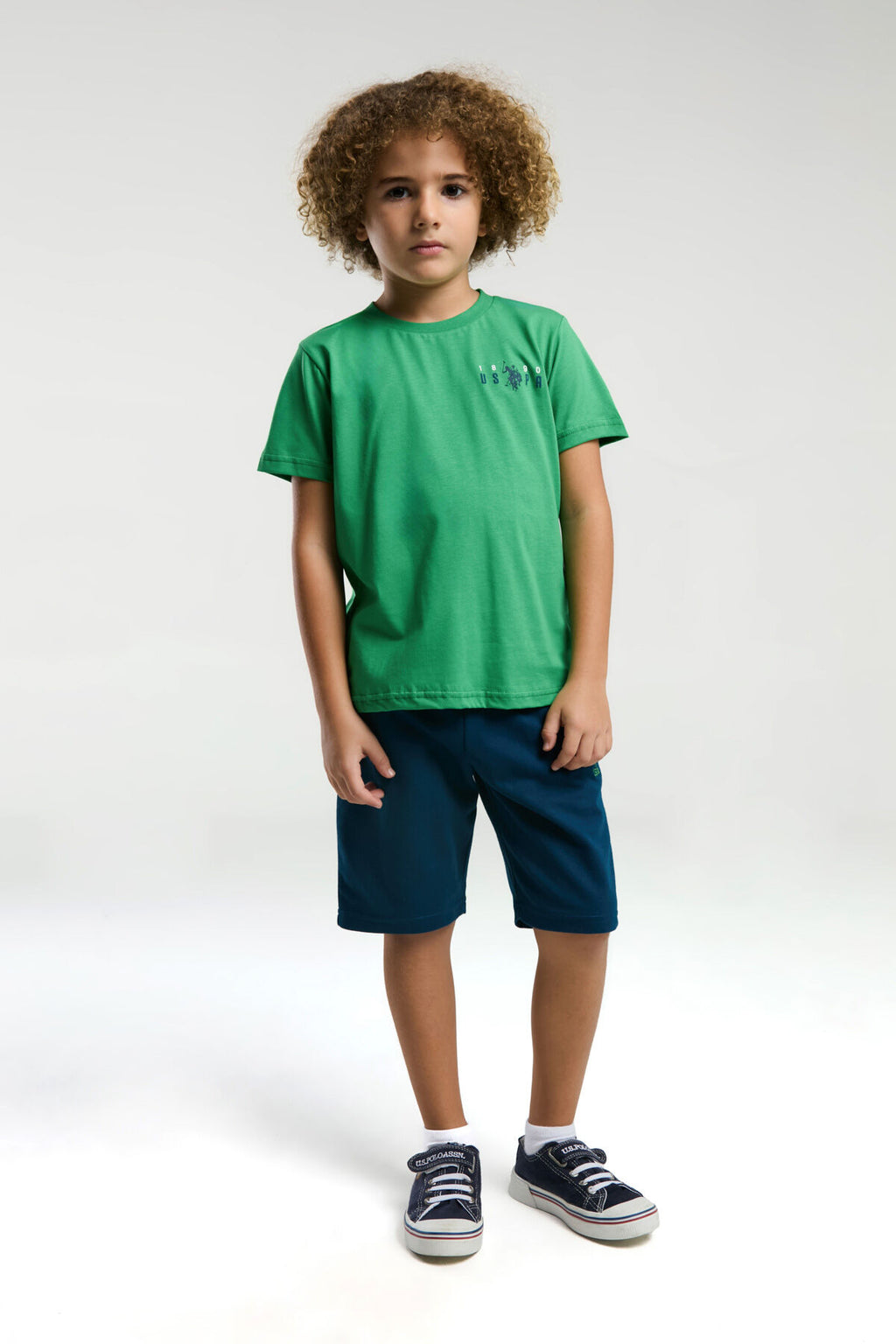 U.S. Polo Assn. Erkek Çocuk Bisiklet Yaka Pigment Baskılı Yazlık Regular Fit Yeşil Bermuda Takım US2007-C-V2