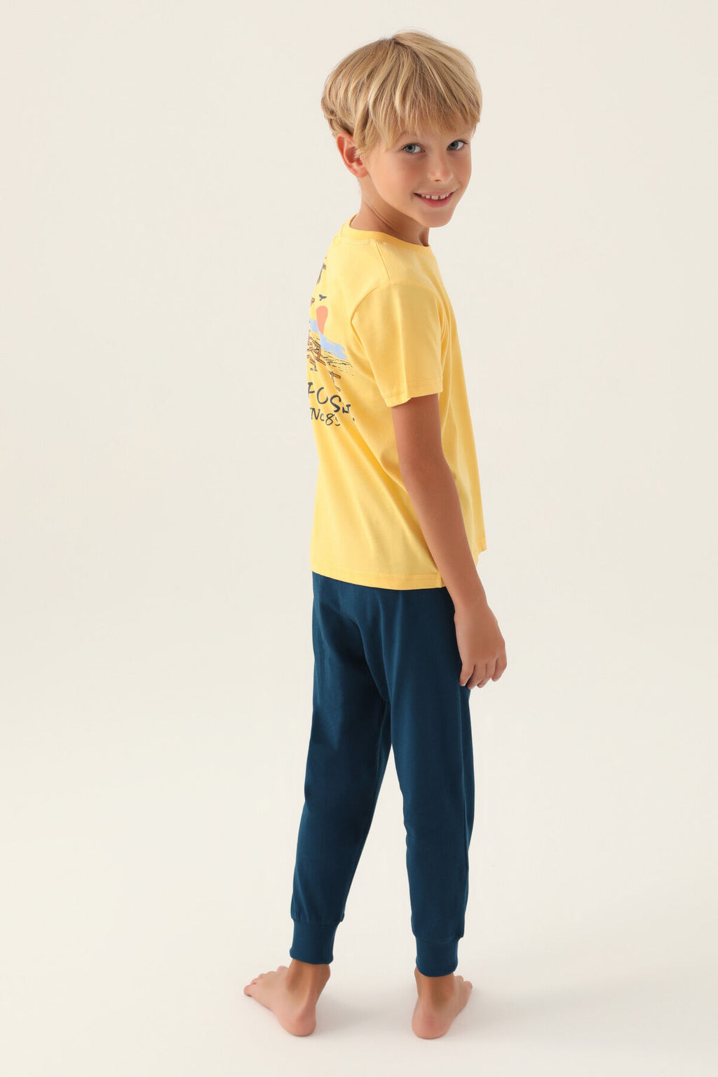 U.S. Polo Assn. Erkek Çocuk Bisiklet Yaka Pigment Baskılı Yazlık Regular Fit Sarı Pijama Takımı US1742-C-V2