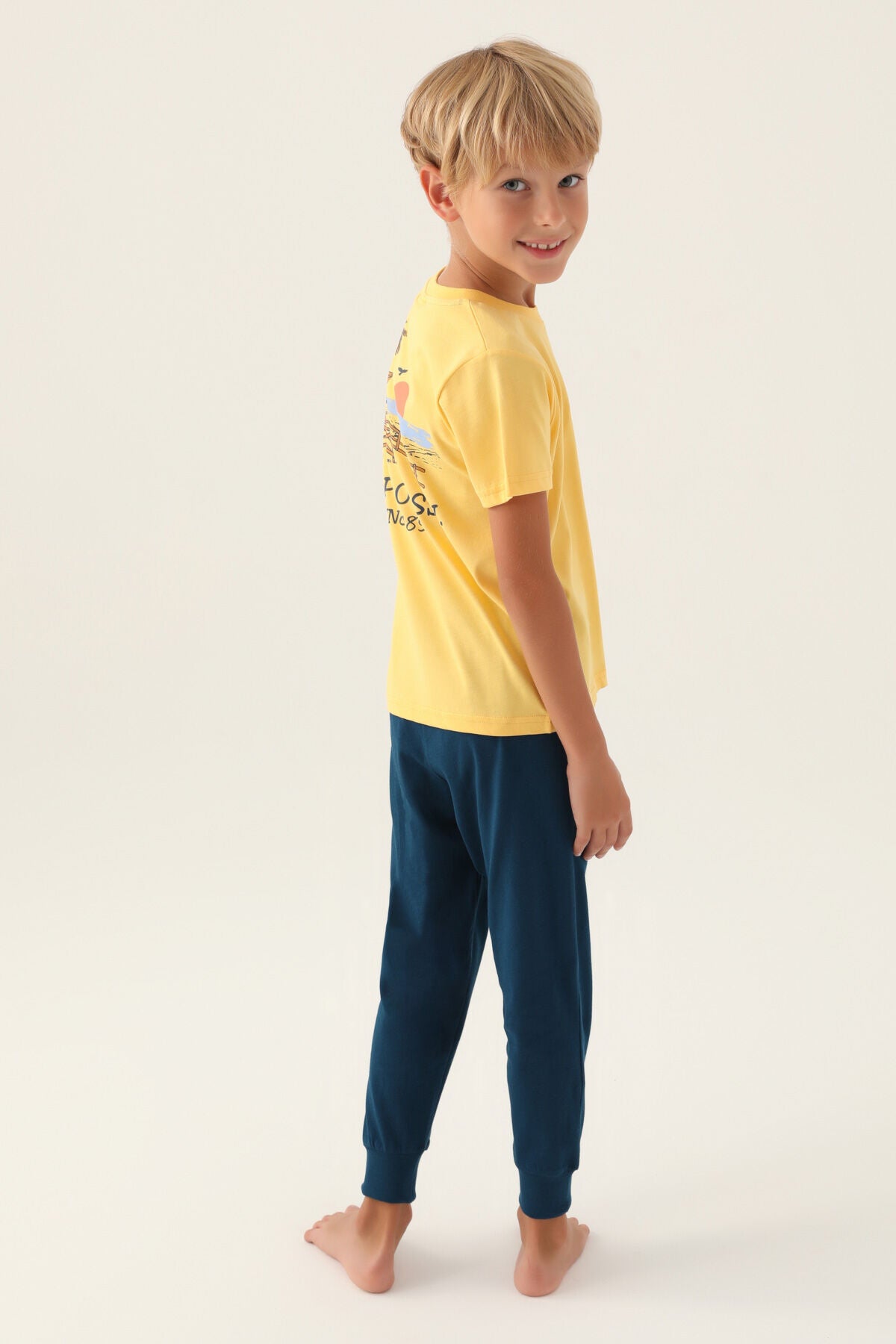 U.S. Polo Assn. Erkek Çocuk Bisiklet Yaka Pigment Baskılı Yazlık Regular Fit Sarı Pijama Takımı US1742-C-V2