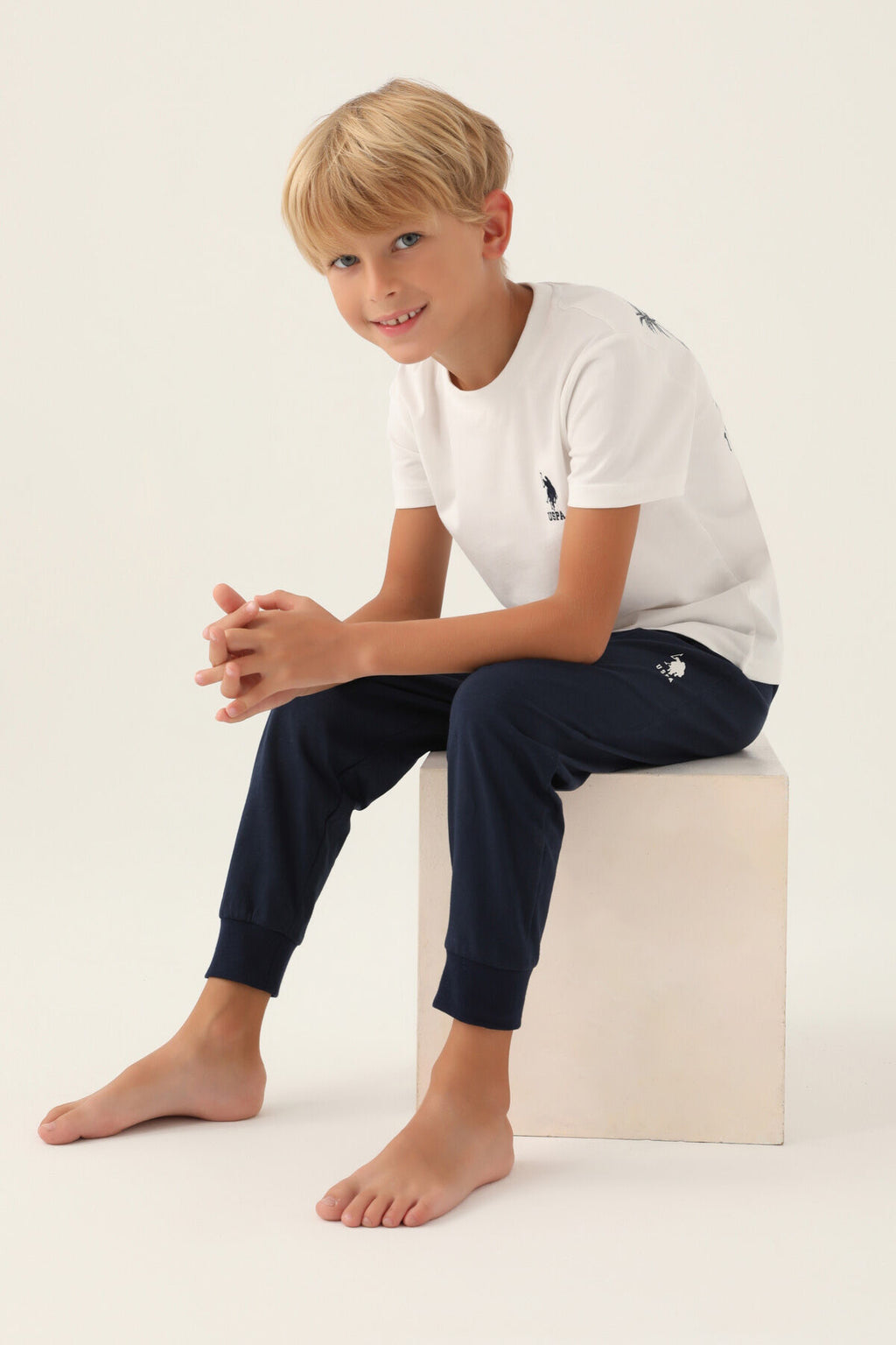 U.S. Polo Assn. Erkek Çocuk Bisiklet Yaka Pigment Baskılı Yazlık Regular Fit Krem Pijama Takımı US1742-C-V1