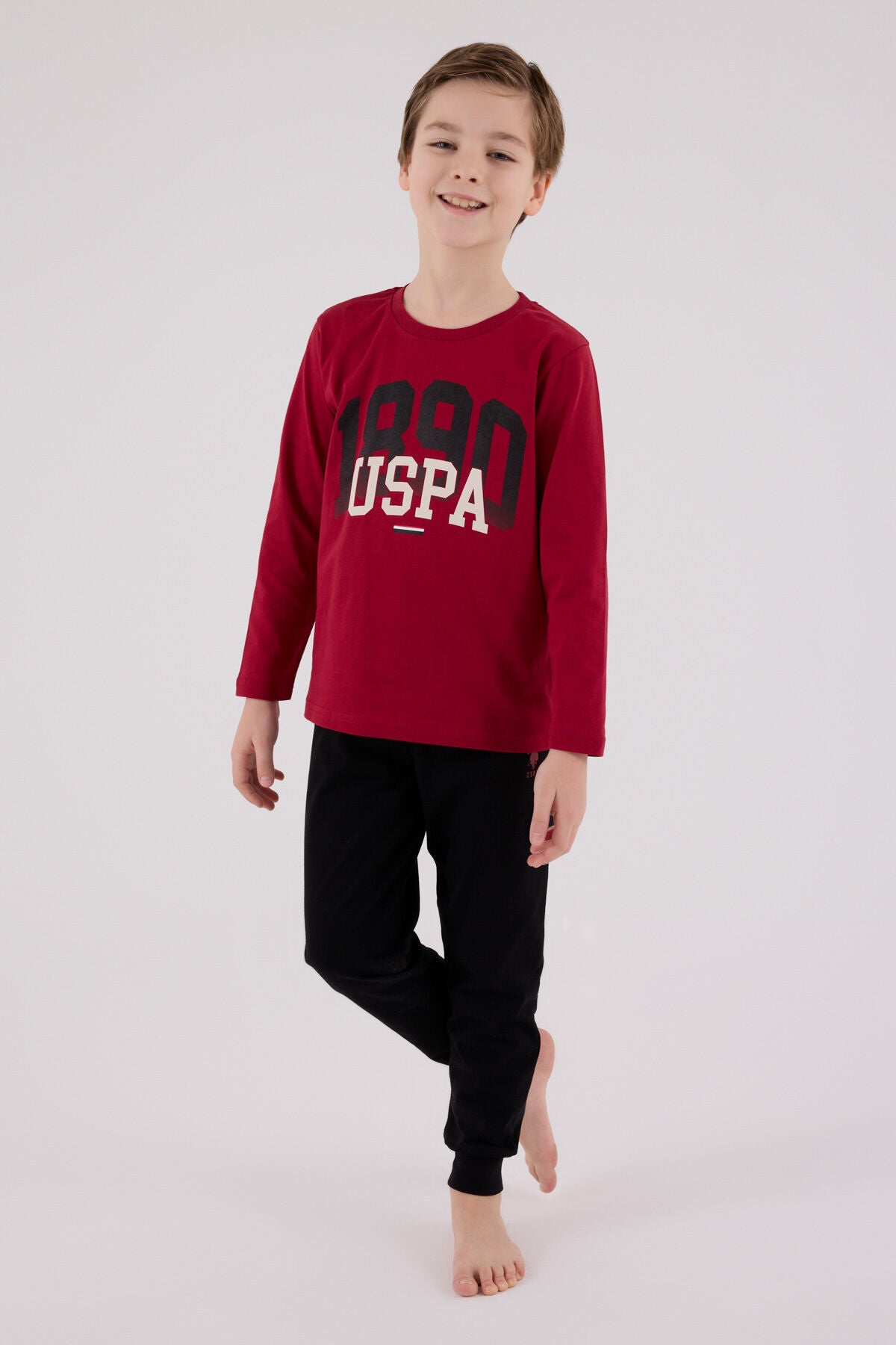 U.S. Polo Assn. Erkek Çocuk Bisiklet Yaka Pigment Baskılı Kışlık Regular Fit Bordo Pijama Takımı US2203-C-V2 Ürün ana görseli
