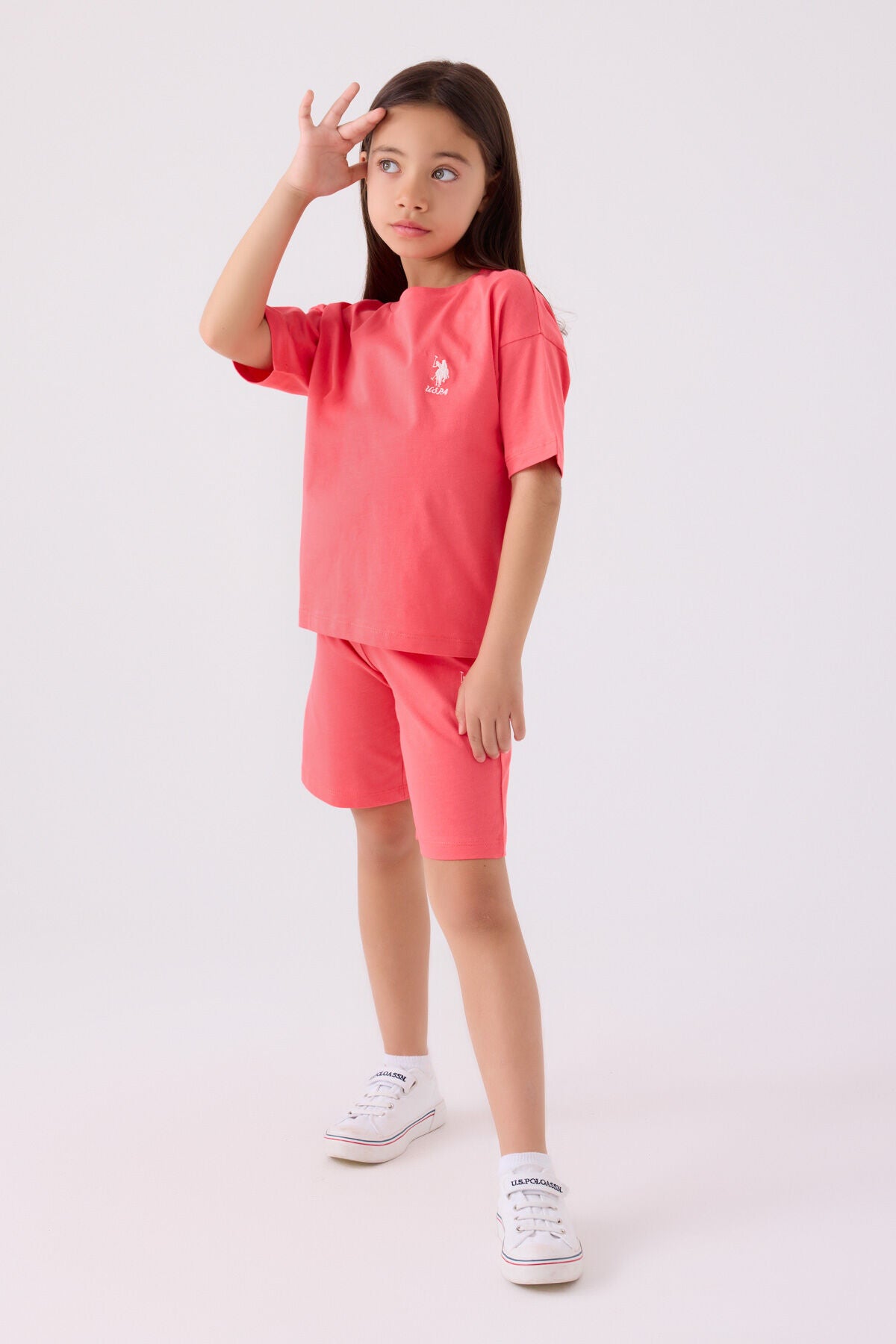 U.S. Polo Assn. Kız Çocuk Bisiklet Yaka Sargı Nakışlı Yazlık Regular Fit Pembe Bermuda Takım US1848-C-V23 Ürün ana görseli