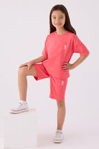U.S. Polo Assn. Kız Çocuk Bisiklet Yaka Sargı Nakışlı Yazlık Regular Fit Pembe Bermuda Takım US1848-C-V23