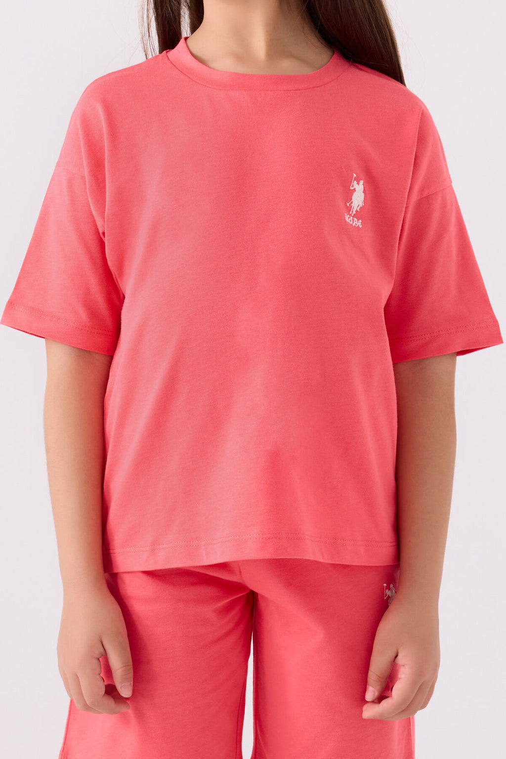 U.S. Polo Assn. Kız Çocuk Bisiklet Yaka Sargı Nakışlı Yazlık Regular Fit Pembe Bermuda Takım US1848-C-V23