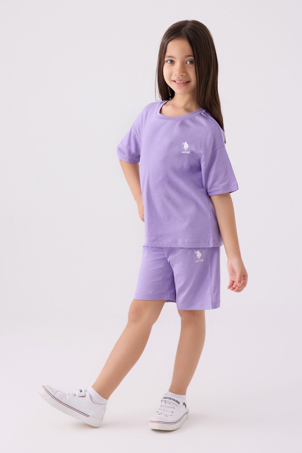 U.S. Polo Assn. Kız Çocuk Bisiklet Yaka Sargı Nakışlı Yazlık Regular Fit Mor Bermuda Takım US1848-C-V62