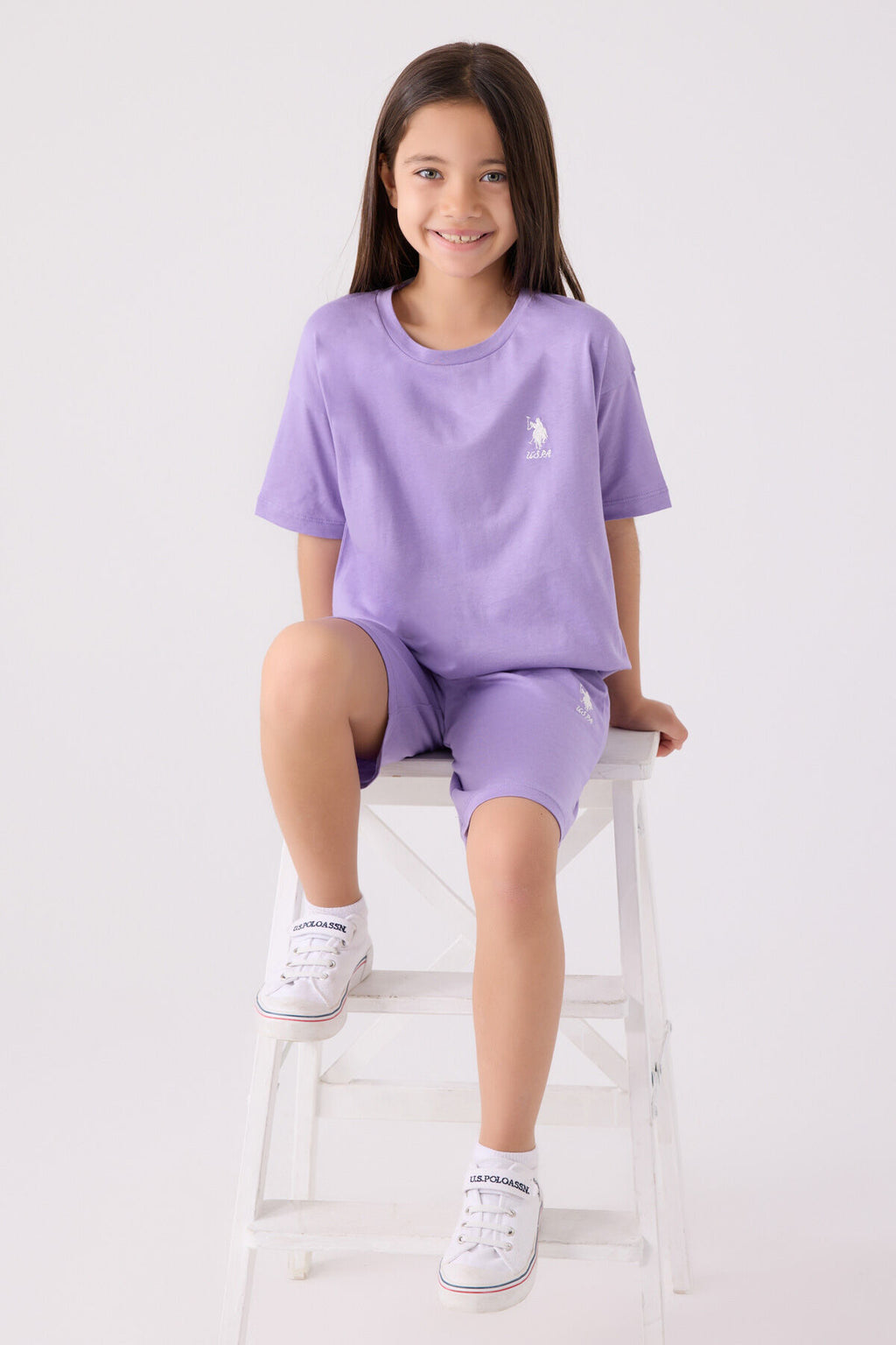 U.S. Polo Assn. Kız Çocuk Bisiklet Yaka Sargı Nakışlı Yazlık Regular Fit Mor Bermuda Takım US1848-C-V62