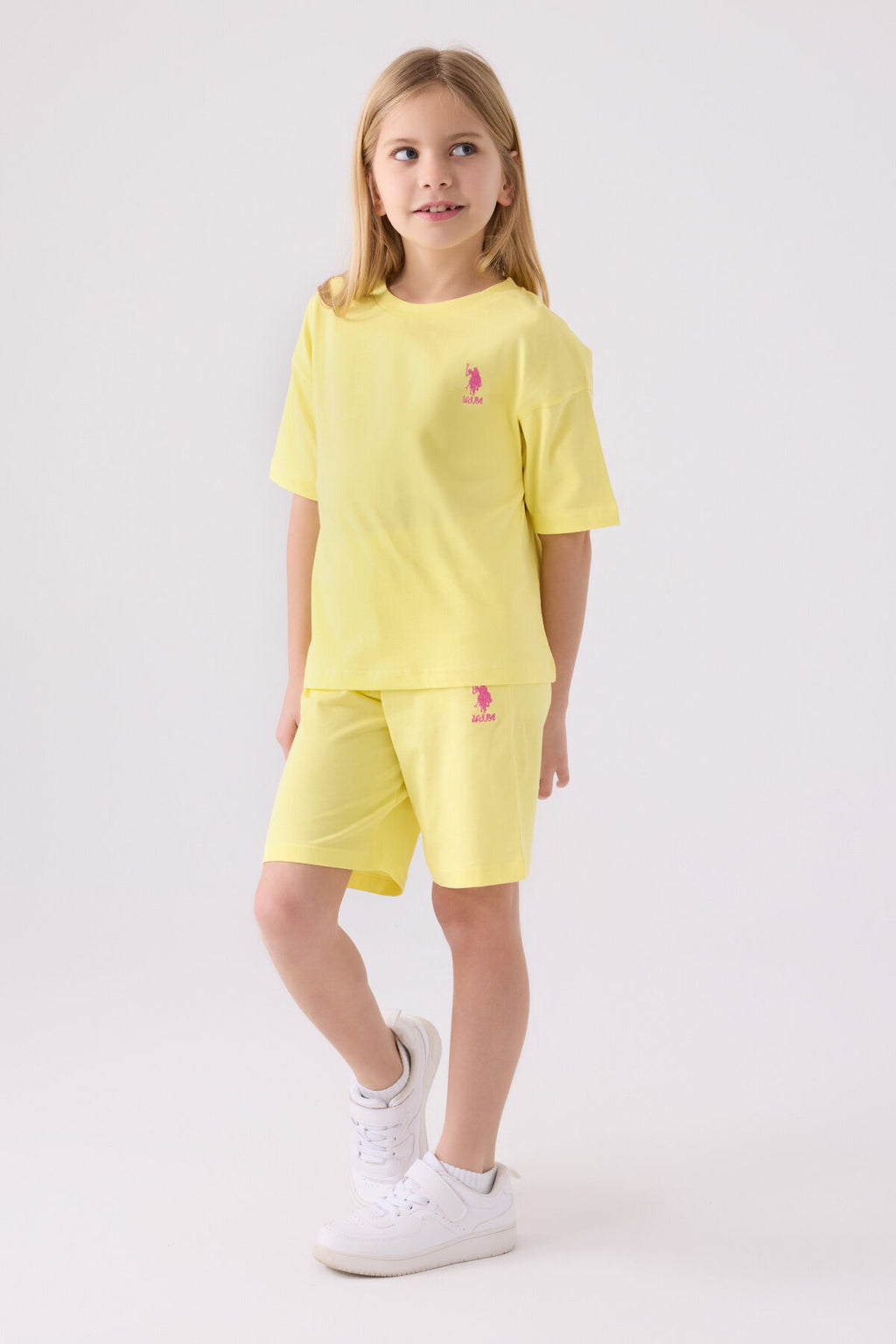U.S. Polo Assn. Kız Çocuk Bisiklet Yaka Sargı Nakışlı Yazlık Regular Fit Sarı Bermuda Takım US1848-C-V42