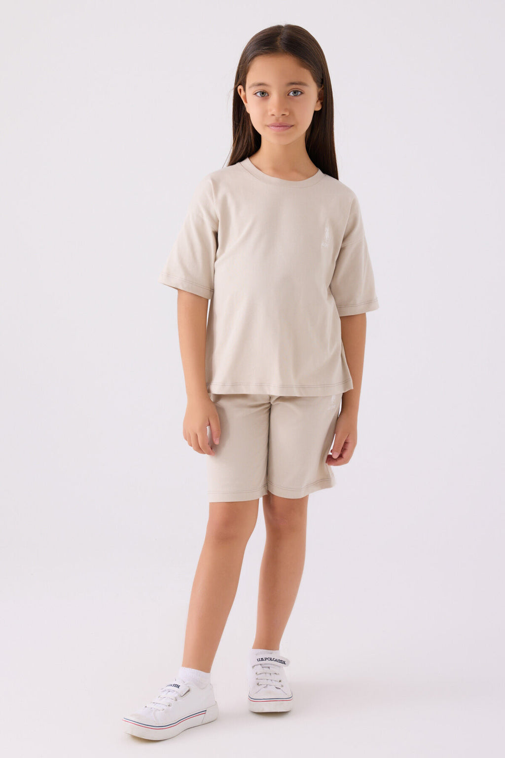 U.S. Polo Assn. Kız Çocuk Bisiklet Yaka Sargı Nakışlı Yazlık Regular Fit Krem Bermuda Takım US1848-C-V19