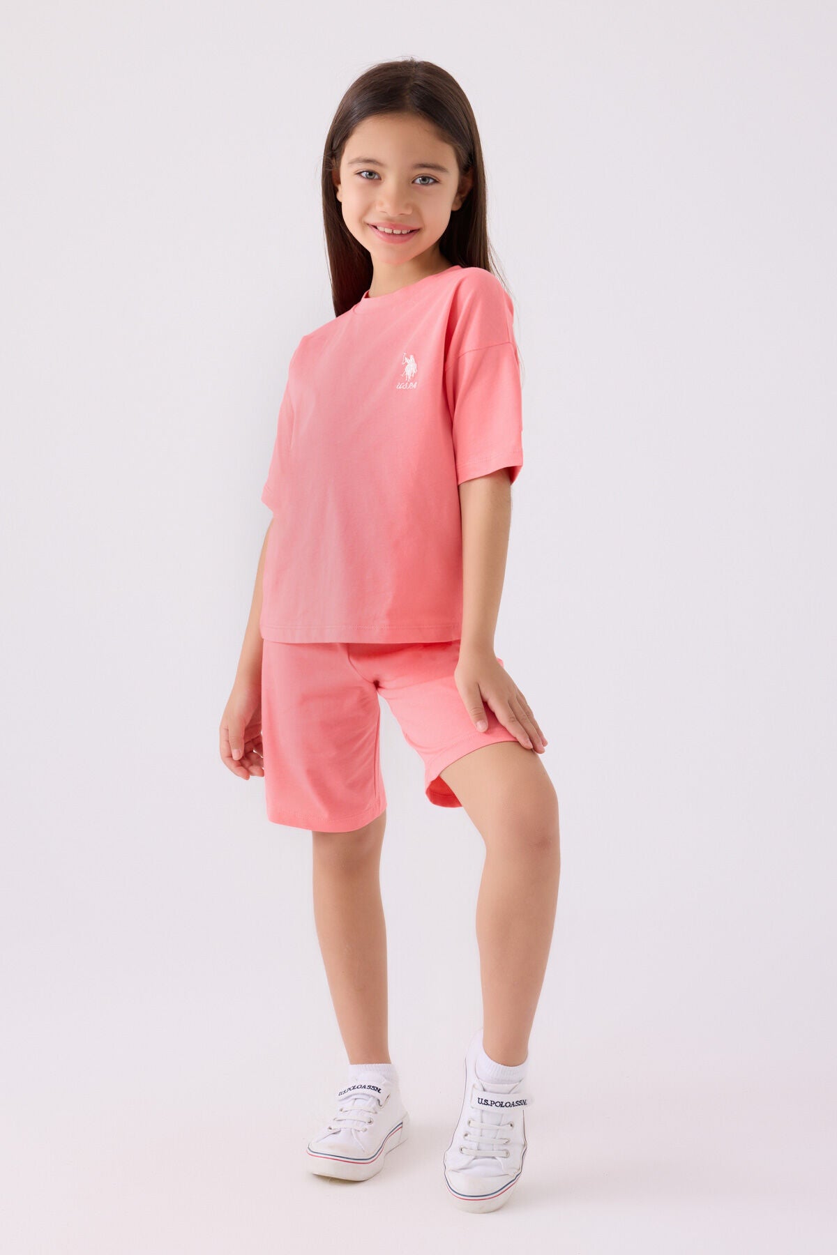 U.S. Polo Assn. Kız Çocuk Bisiklet Yaka Sargı Nakışlı Yazlık Regular Fit Pembe Bermuda Takım US1848-C-V17