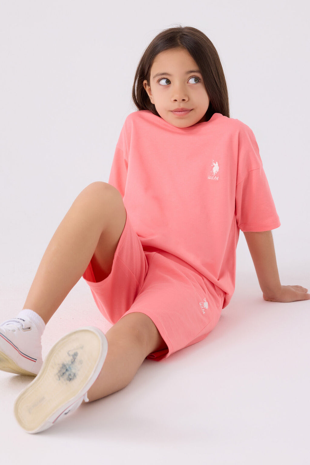 U.S. Polo Assn. Kız Çocuk Bisiklet Yaka Sargı Nakışlı Yazlık Regular Fit Pembe Bermuda Takım US1848-C-V17