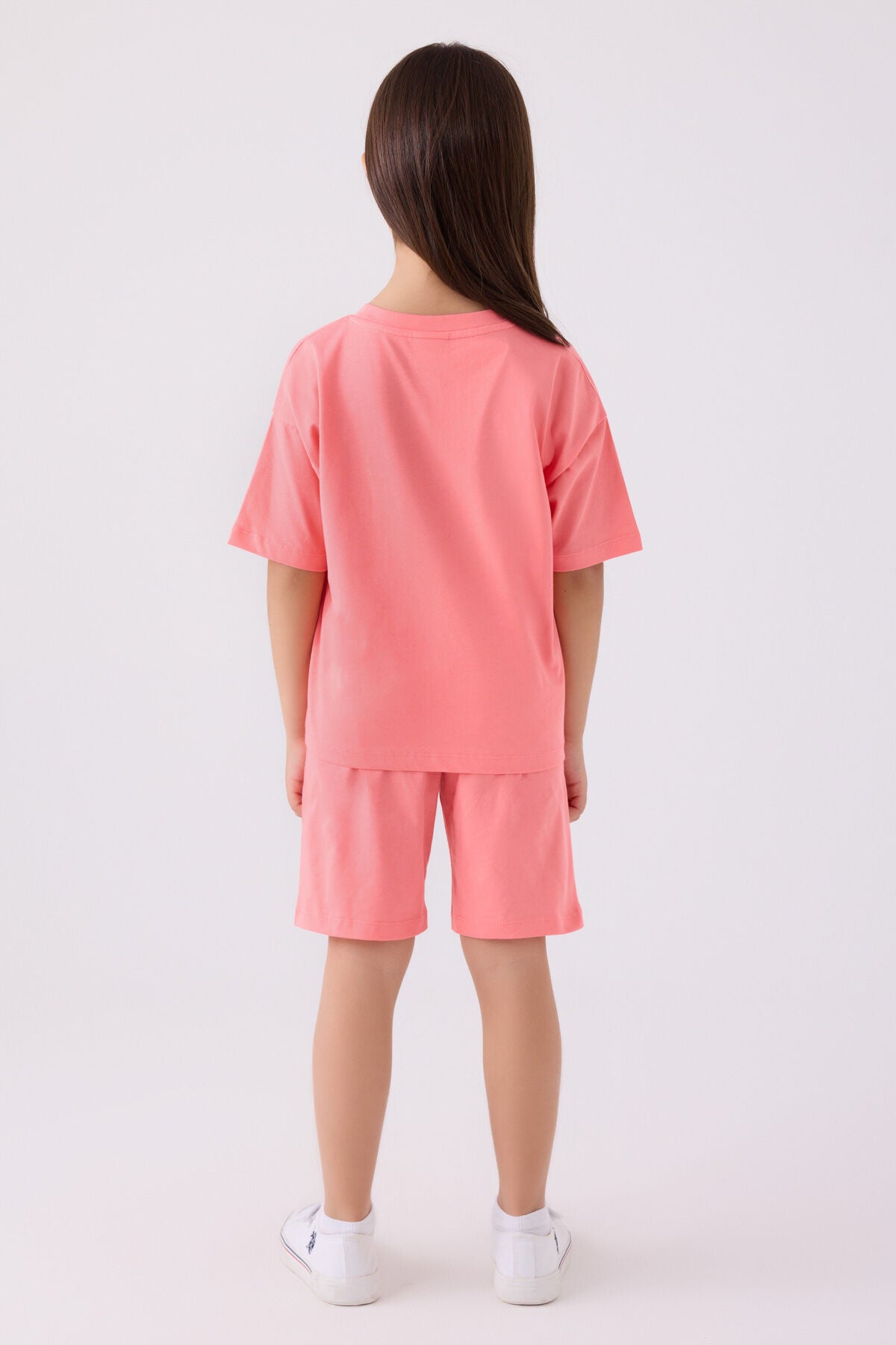 U.S. Polo Assn. Kız Çocuk Bisiklet Yaka Sargı Nakışlı Yazlık Regular Fit Pembe Bermuda Takım US1848-C-V17