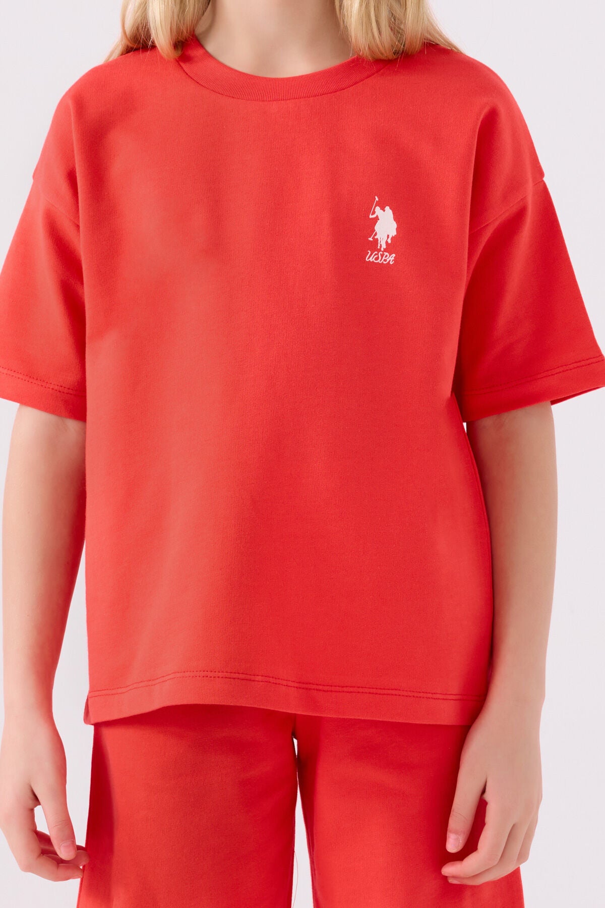 U.S. Polo Assn. Kız Çocuk Bisiklet Yaka Sargı Nakışlı Yazlık Regular Fit Turuncu Bermuda Takım US1850-C-V10