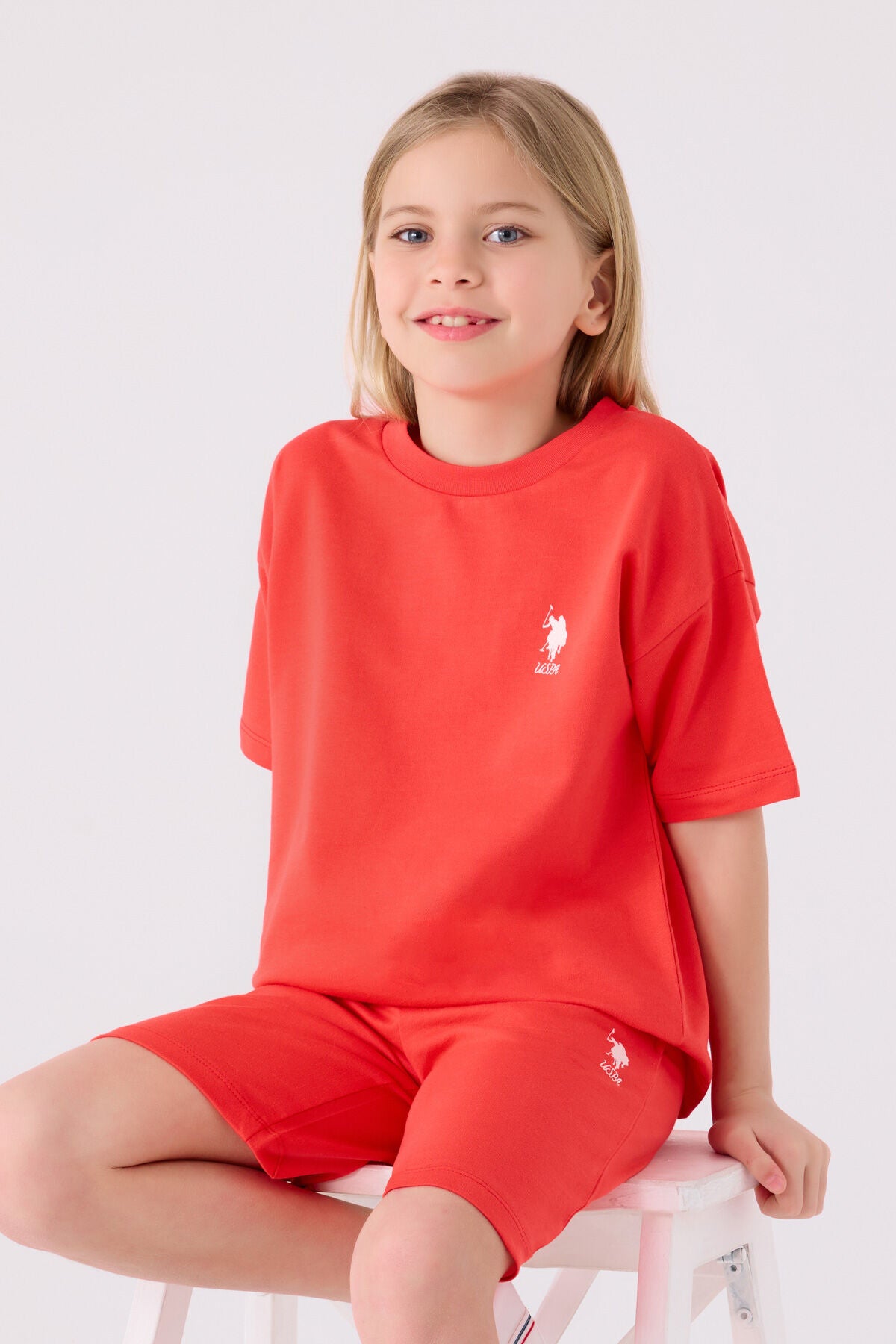 U.S. Polo Assn. Kız Çocuk Bisiklet Yaka Sargı Nakışlı Yazlık Regular Fit Turuncu Bermuda Takım US1850-C-V10