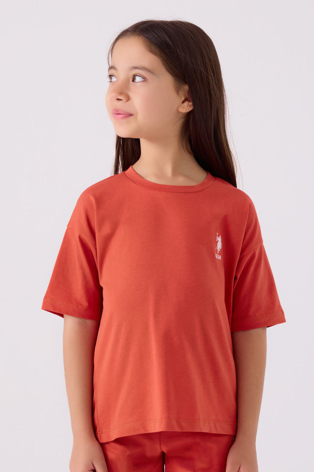 U.S. Polo Assn. Kız Çocuk Bisiklet Yaka Sargı Nakışlı Yazlık Regular Fit Turuncu Bermuda Takım US1848-C-V58