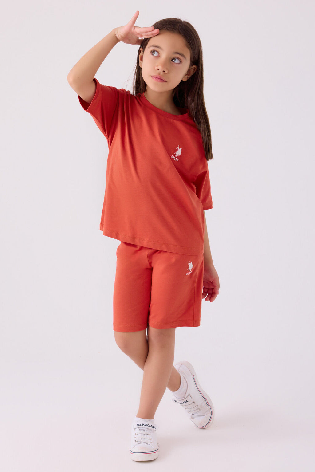 U.S. Polo Assn. Kız Çocuk Bisiklet Yaka Sargı Nakışlı Yazlık Regular Fit Turuncu Bermuda Takım US1848-C-V58