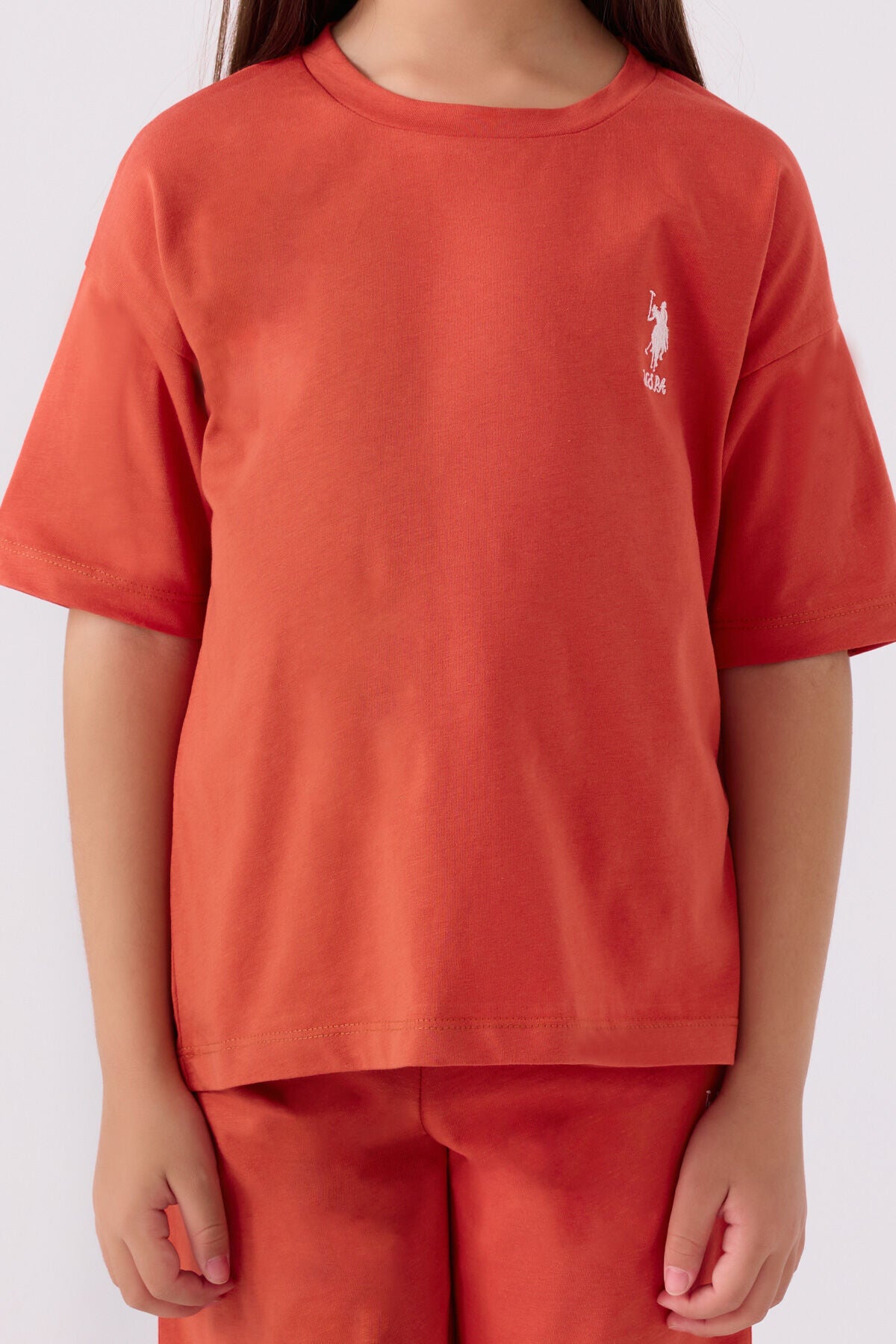U.S. Polo Assn. Kız Çocuk Bisiklet Yaka Sargı Nakışlı Yazlık Regular Fit Turuncu Bermuda Takım US1848-C-V58