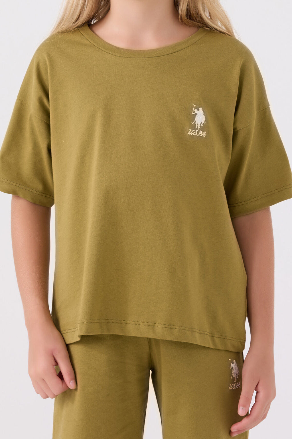 U.S. Polo Assn. Kız Çocuk Bisiklet Yaka Sargı Nakışlı Yazlık Regular Fit Yeşil Bermuda Takım US1848-C-V63