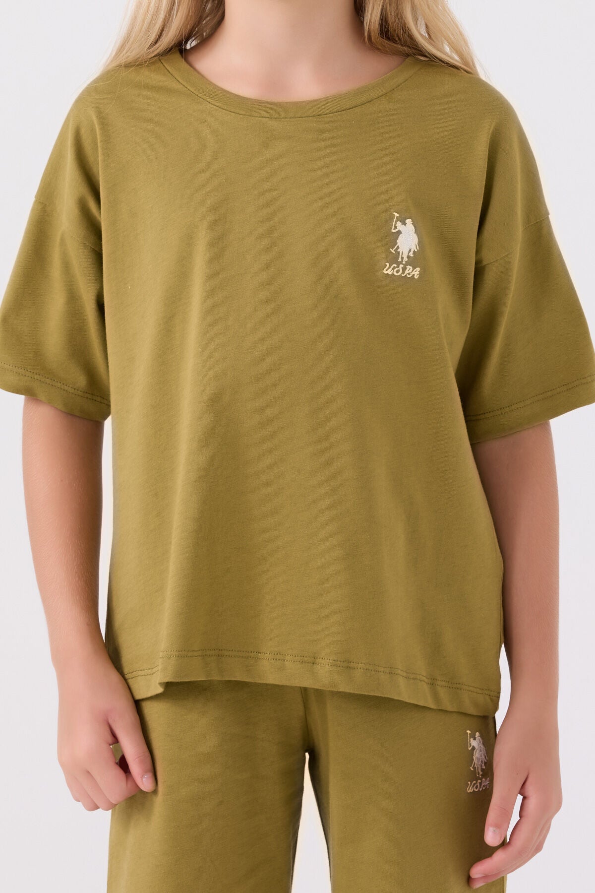 U.S. Polo Assn. Kız Çocuk Bisiklet Yaka Sargı Nakışlı Yazlık Regular Fit Yeşil Bermuda Takım US1848-C-V63